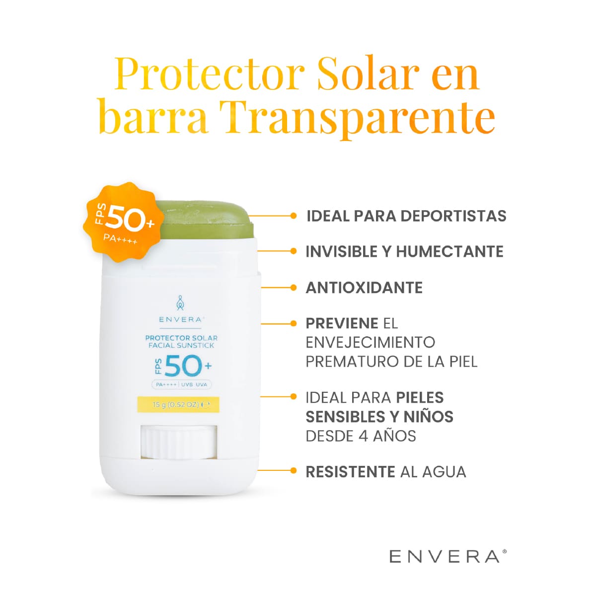 Envera Protector Solar en barra stick transparente FPS50+ UVA/UVB PA++++ 15 gr