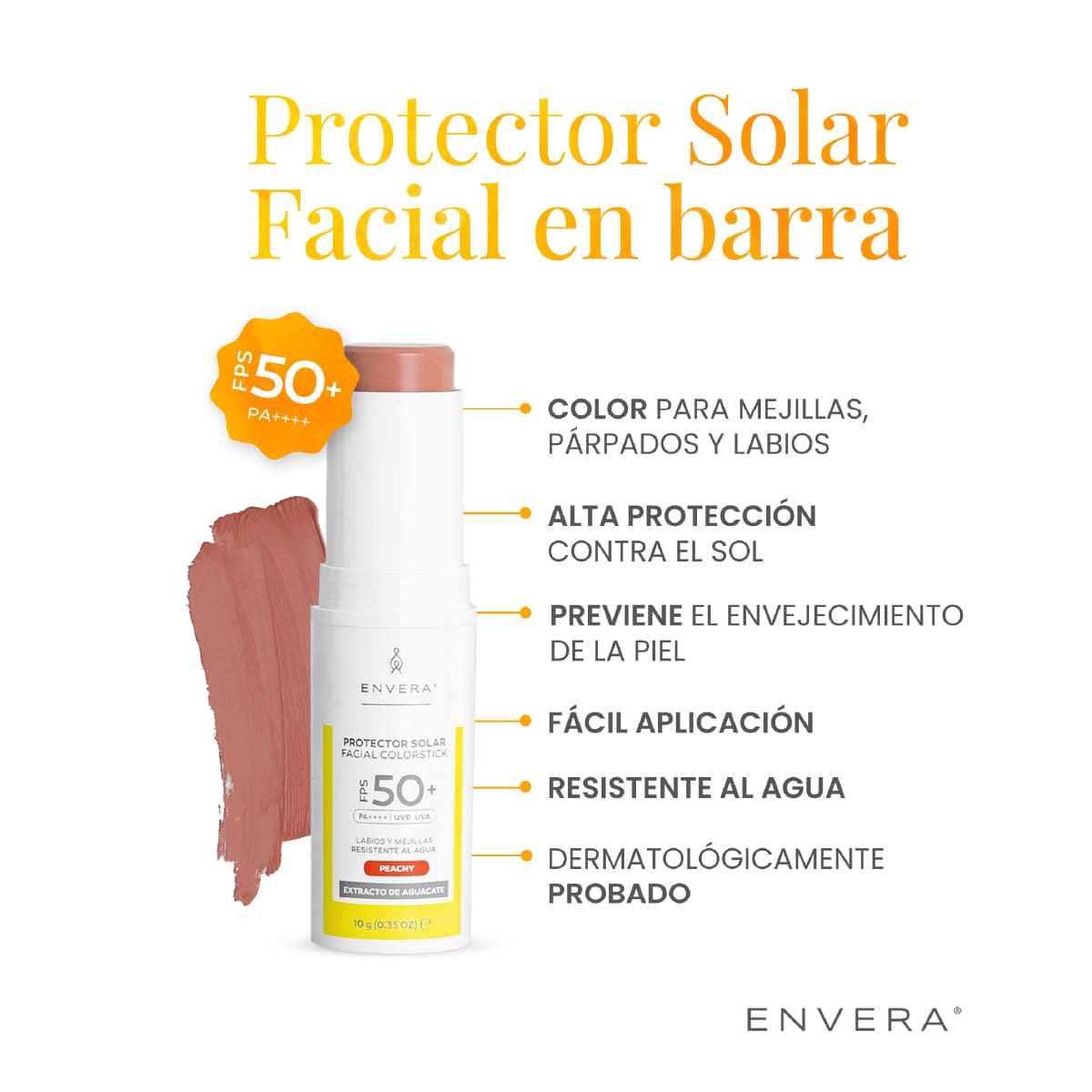 Envera Protector Solar en barra con color Peachy FPS50+ UVA/UVB PA++++ 50 ml