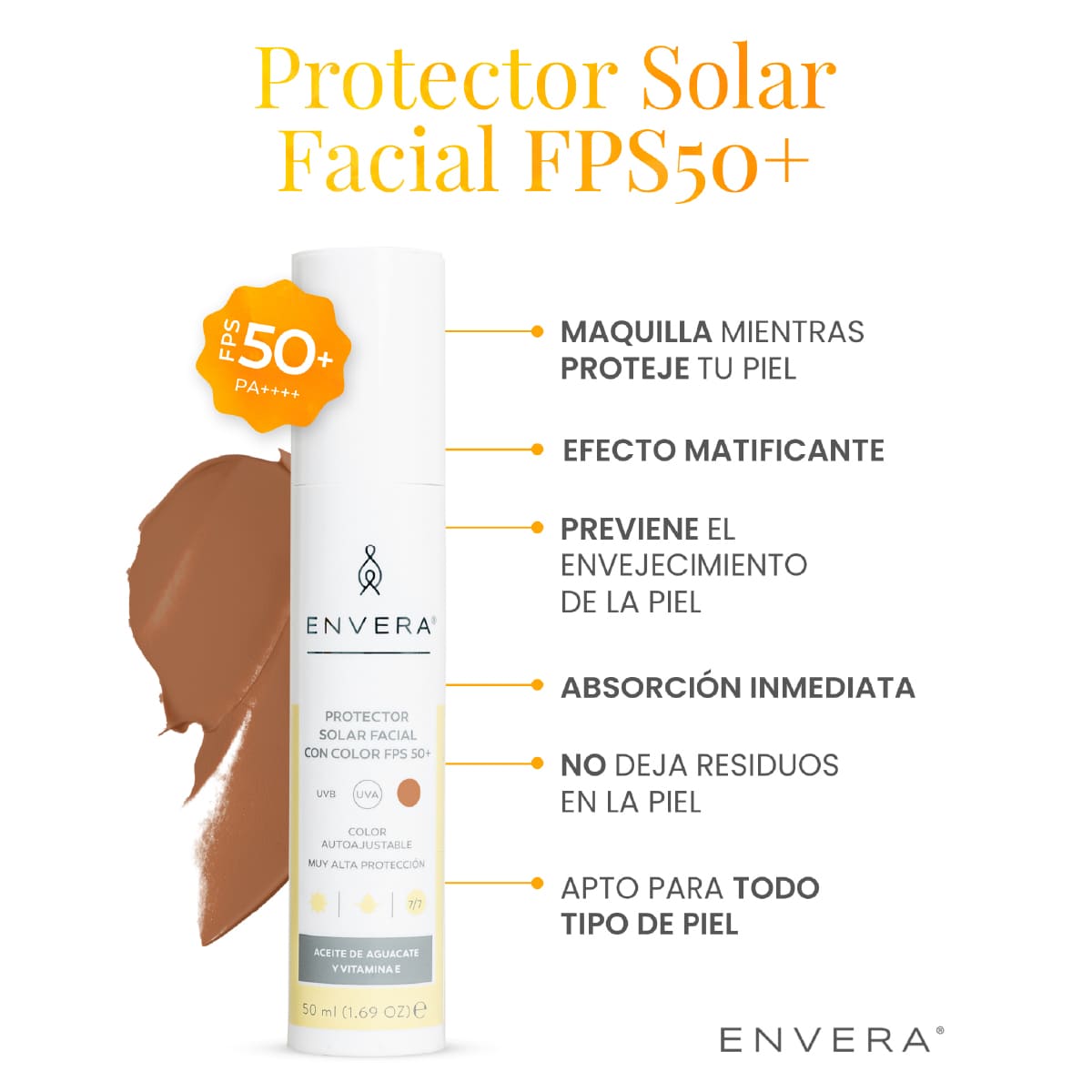 Envera Protector Solar FPS50+ UVA/UVB con color Medium 50 ml