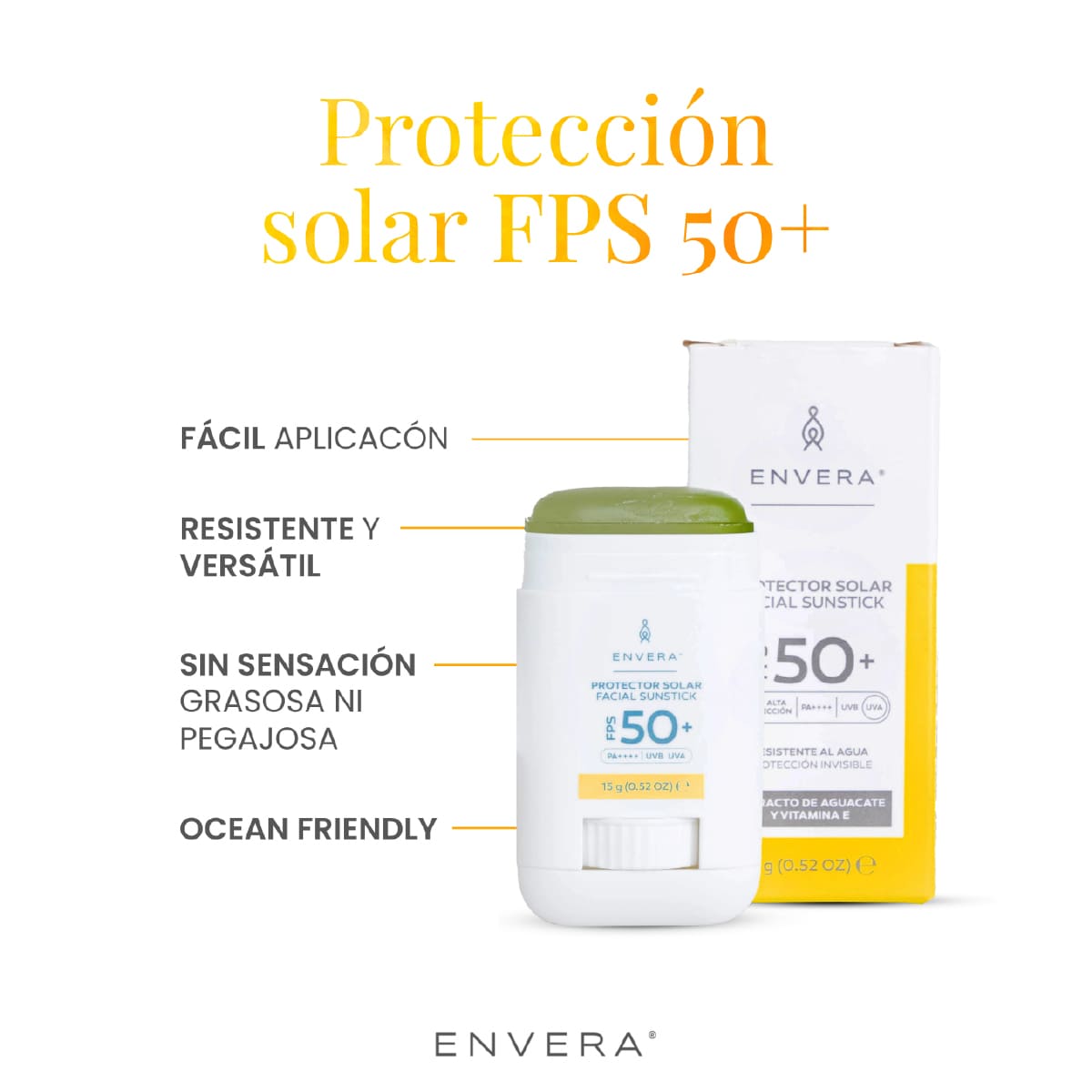 Envera Protector Solar en barra stick transparente FPS50+ UVA/UVB PA++++ 15 gr