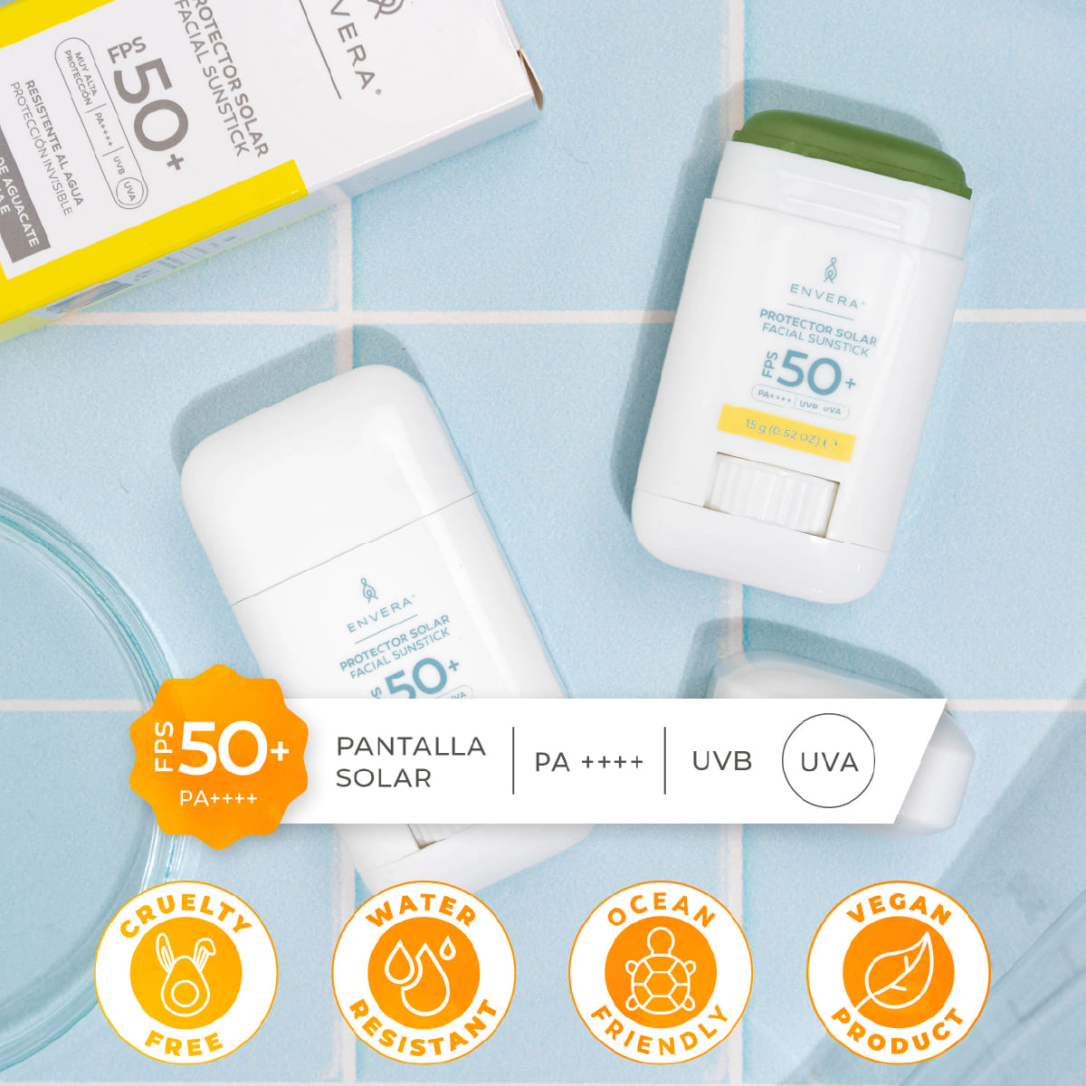 Envera Protector Solar en barra stick transparente FPS50+ UVA/UVB PA++++ 15 gr