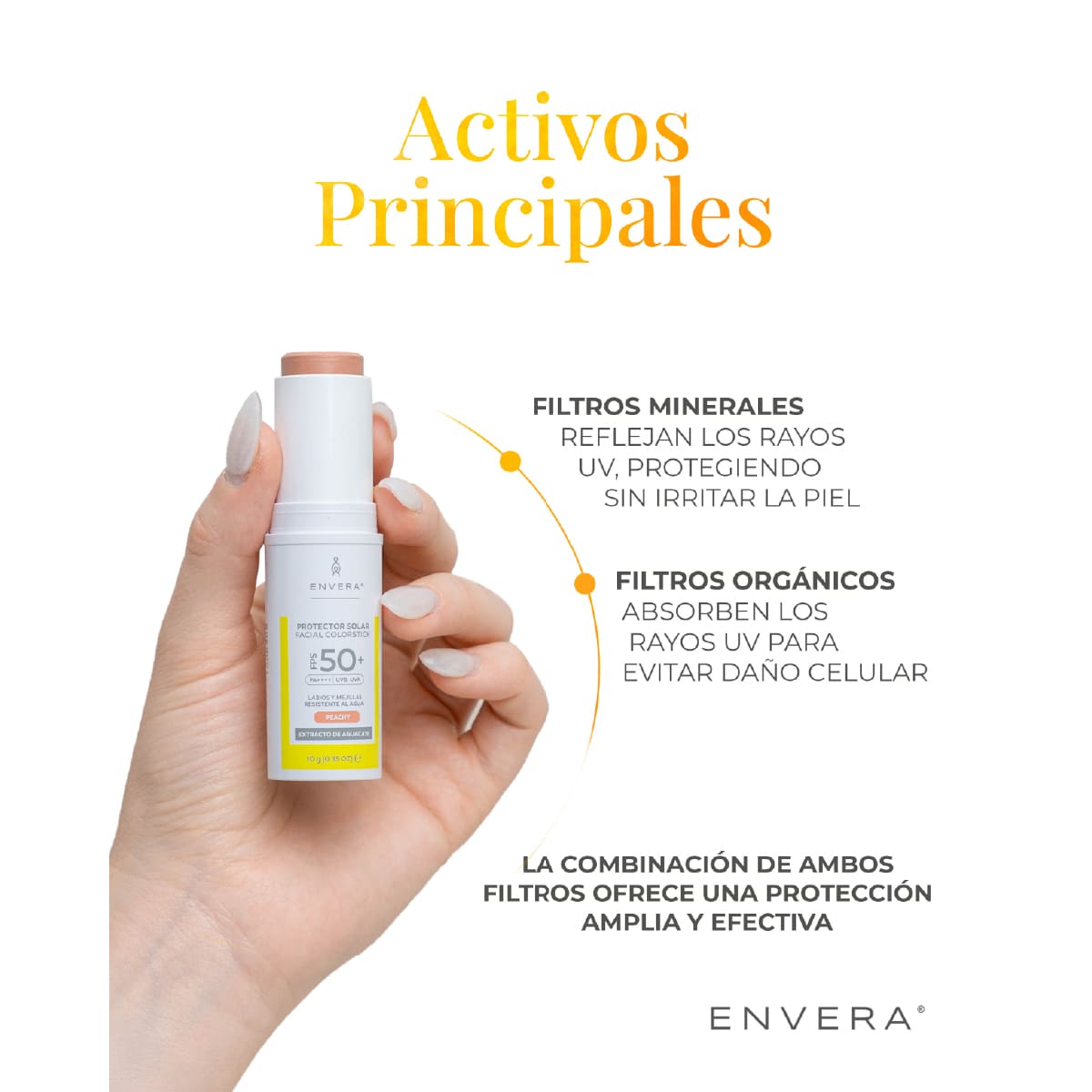 Envera Protector Solar en barra con color Peachy FPS50+ UVA/UVB PA++++ 50 ml