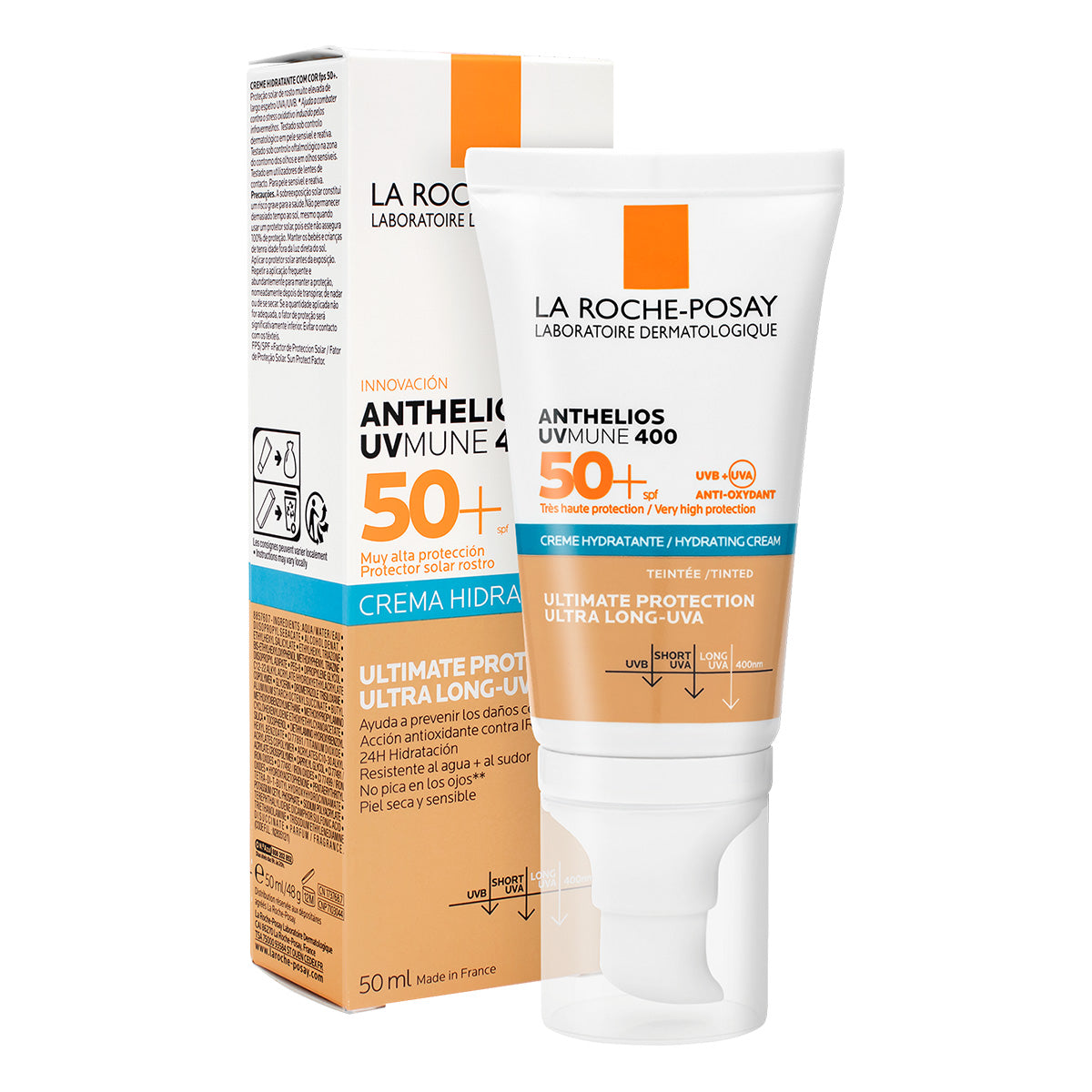 La Roche-Posay Crema Hidratante con color Anthelios UVMune 400 FPS 50+ Protector solar facial para piel sensible 50 ml