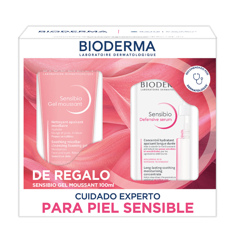 Bioderma Kit Sensibio Gel Moussant 100ml + Sensibio Devensive Serum 30ml. Rutina calmante anti-arrugas