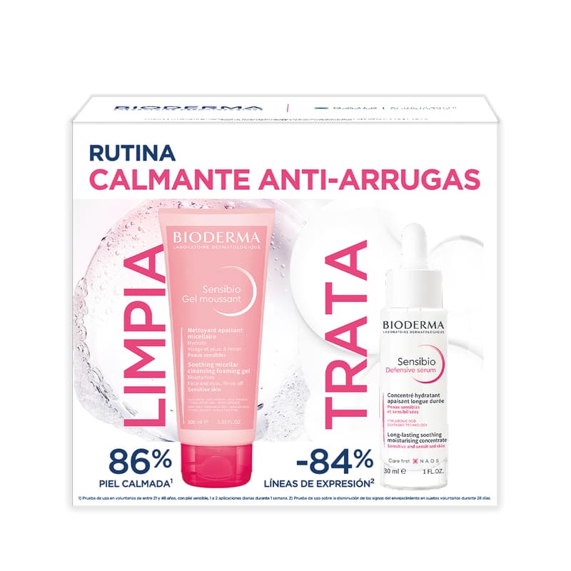 Bioderma Kit Sensibio Gel Moussant 100ml + Sensibio Devensive Serum 30ml. Rutina calmante anti-arrugas