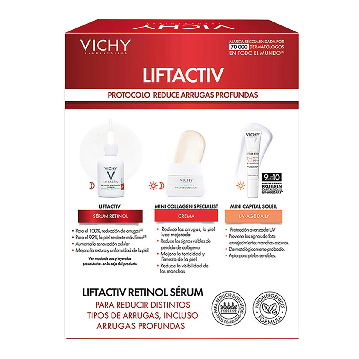 Vichy Kit Liftactiv retinol specialist Sérum arrugas profundas 30 ml + Liftactiv specialist Crema 15 ml + Capital soleil uv-age daily 15 ml