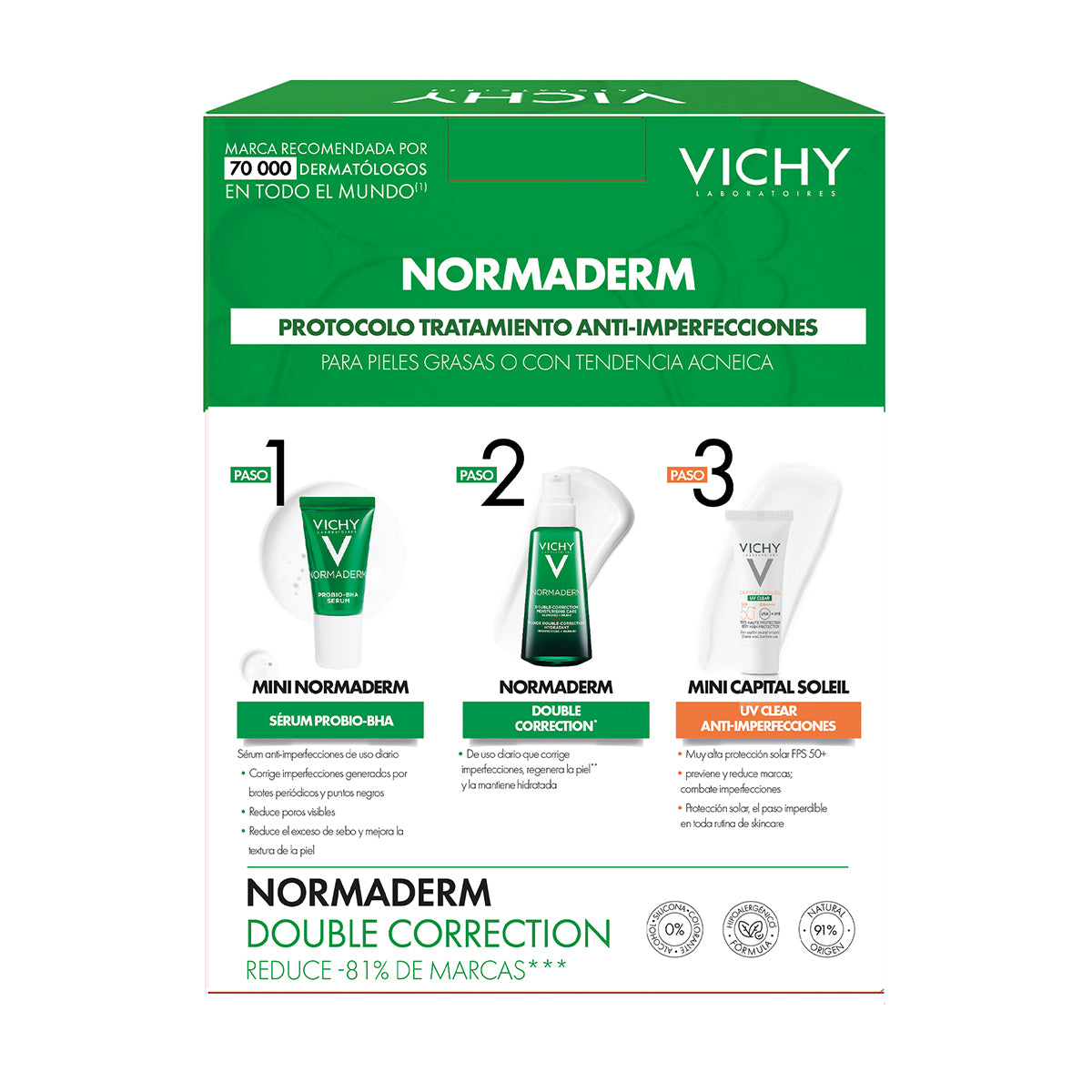 Vichy Kit Normaderm tratamiento anti-imperfecciones 50 ml + Normaderm anti-imperfecciones 50 ml + Normaderm Sérum anti-imperfecciones 5 ml + Capital soleil uv-mune clear 3 ml