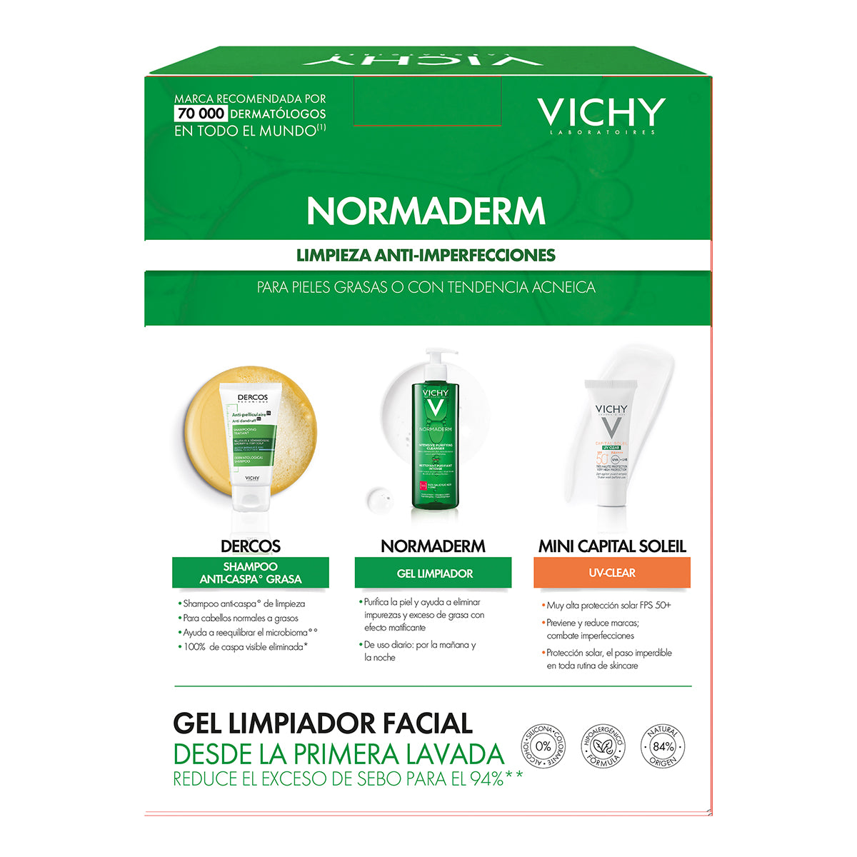 Vichy Kit Normaderm intensive purifying cleanser 400 ml + Dercos anti dandruff 50 ml + Capital soleil uv-clear spf50+ 3 ml