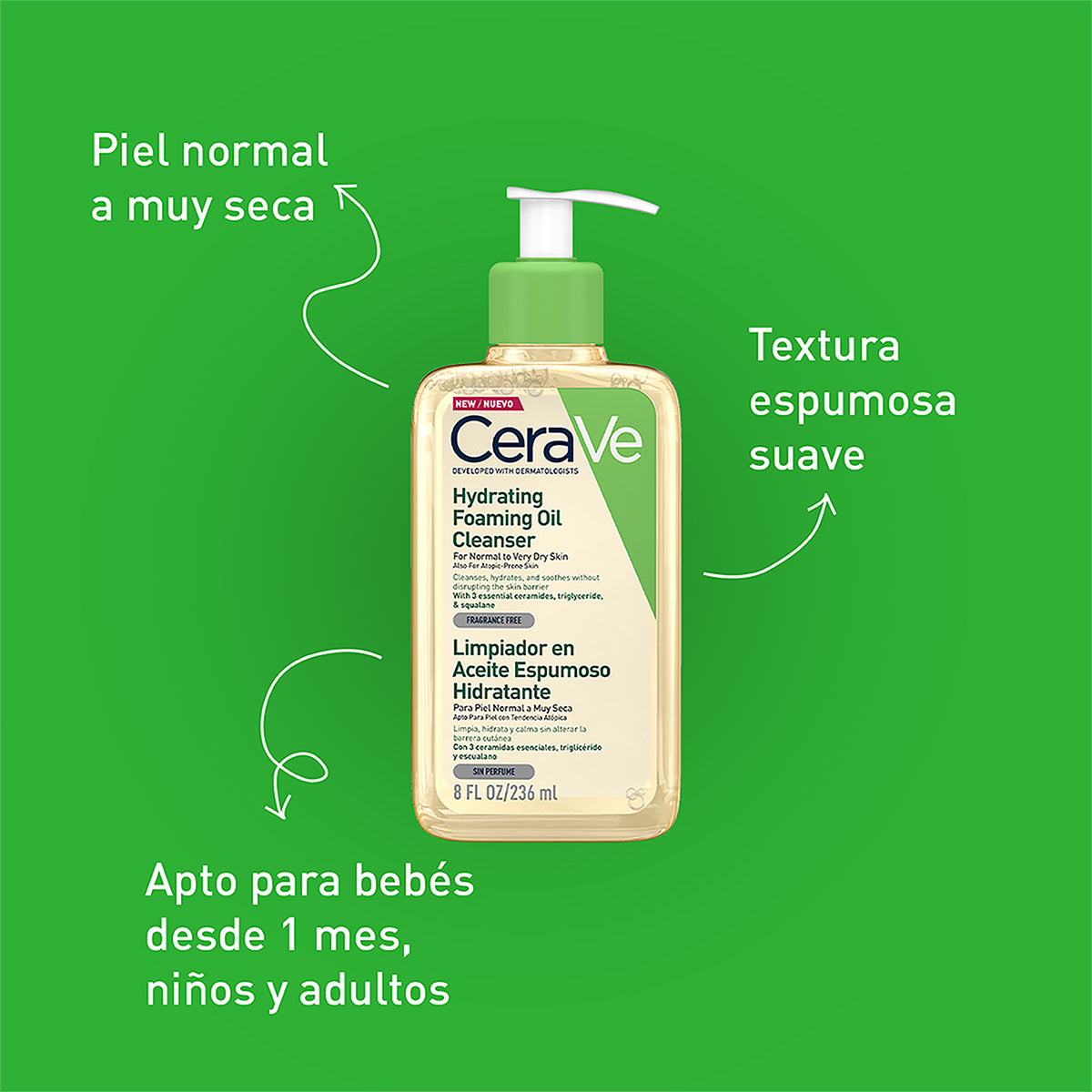 CeraVe Gel limpiador en aceite espumoso facial y corporal 236 ml