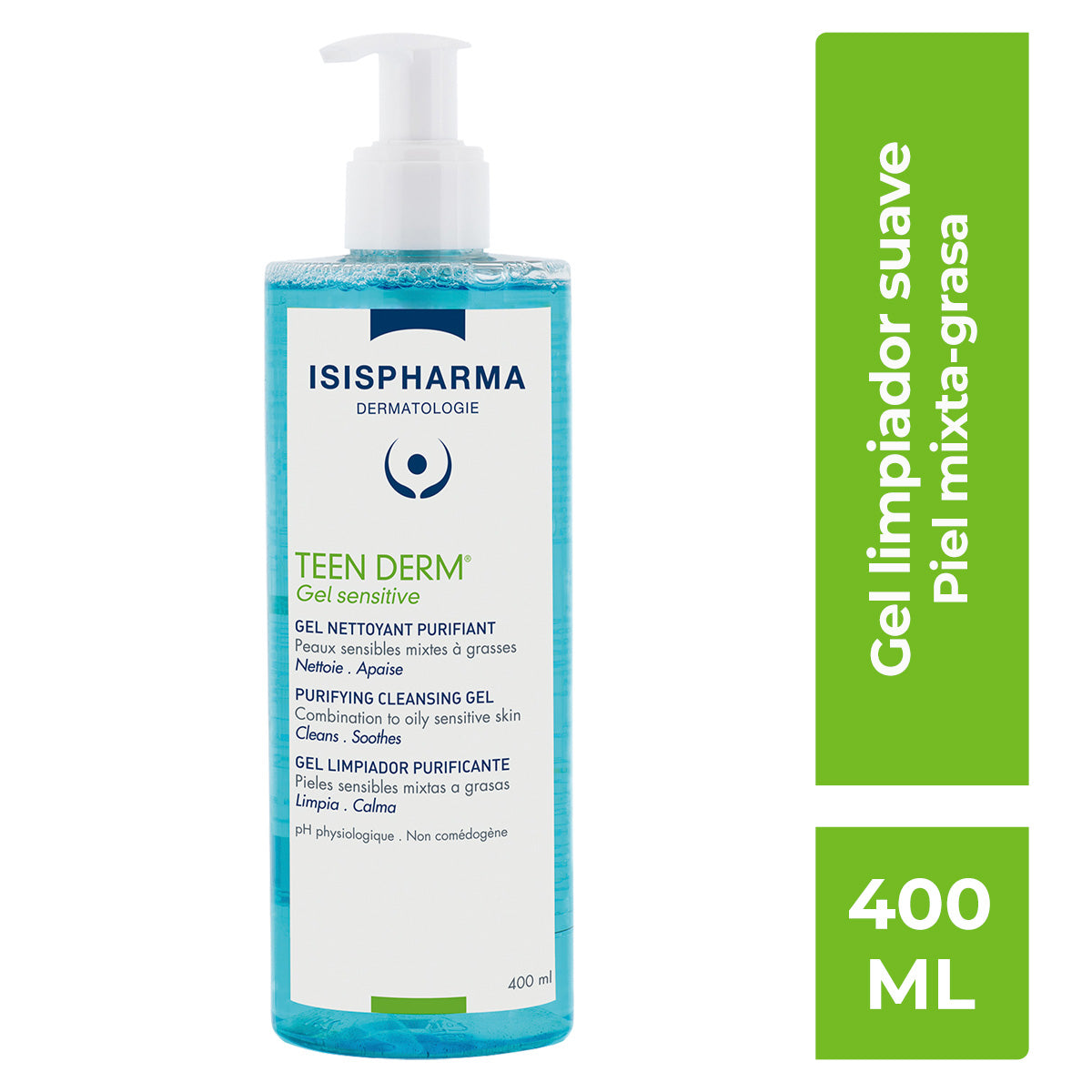 Isispharma teen derm gel sensitive limpiador para piel mixta a grasa 400ml.