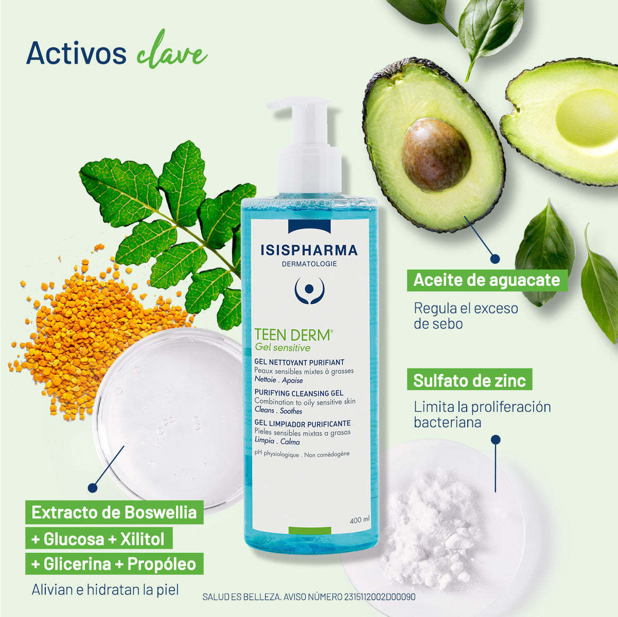 Isispharma teen derm gel sensitive limpiador para piel mixta a grasa 400ml.