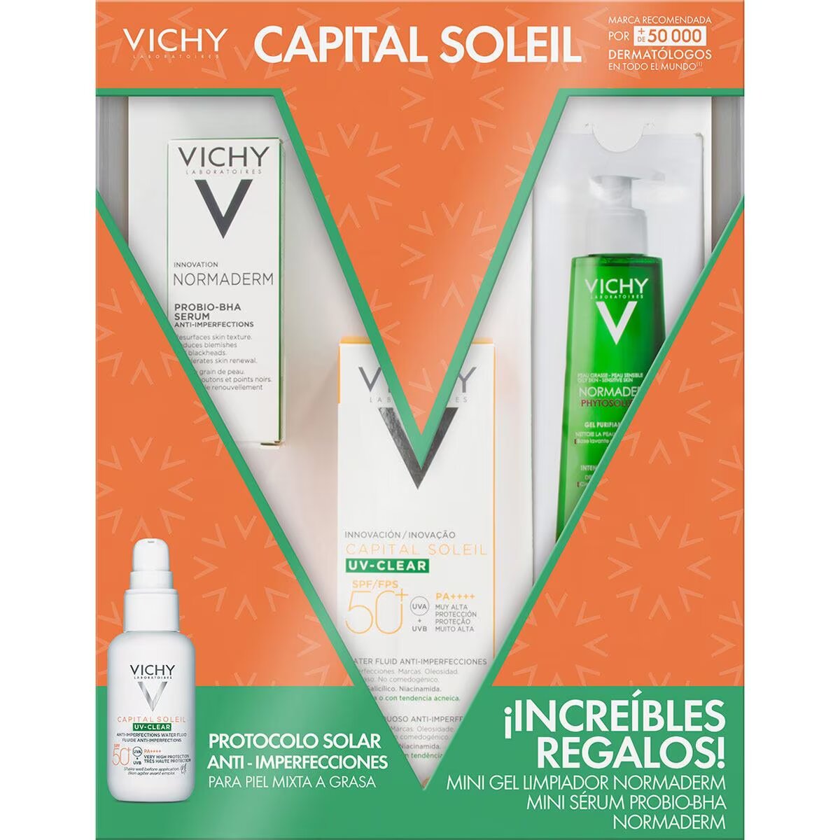 Capital soleil protector solar anti-imperfecciones Uv-clear fps50+ 40ml + Normaderm probio-bha serum 5ml  + Normaderm phytosolution 7ml.