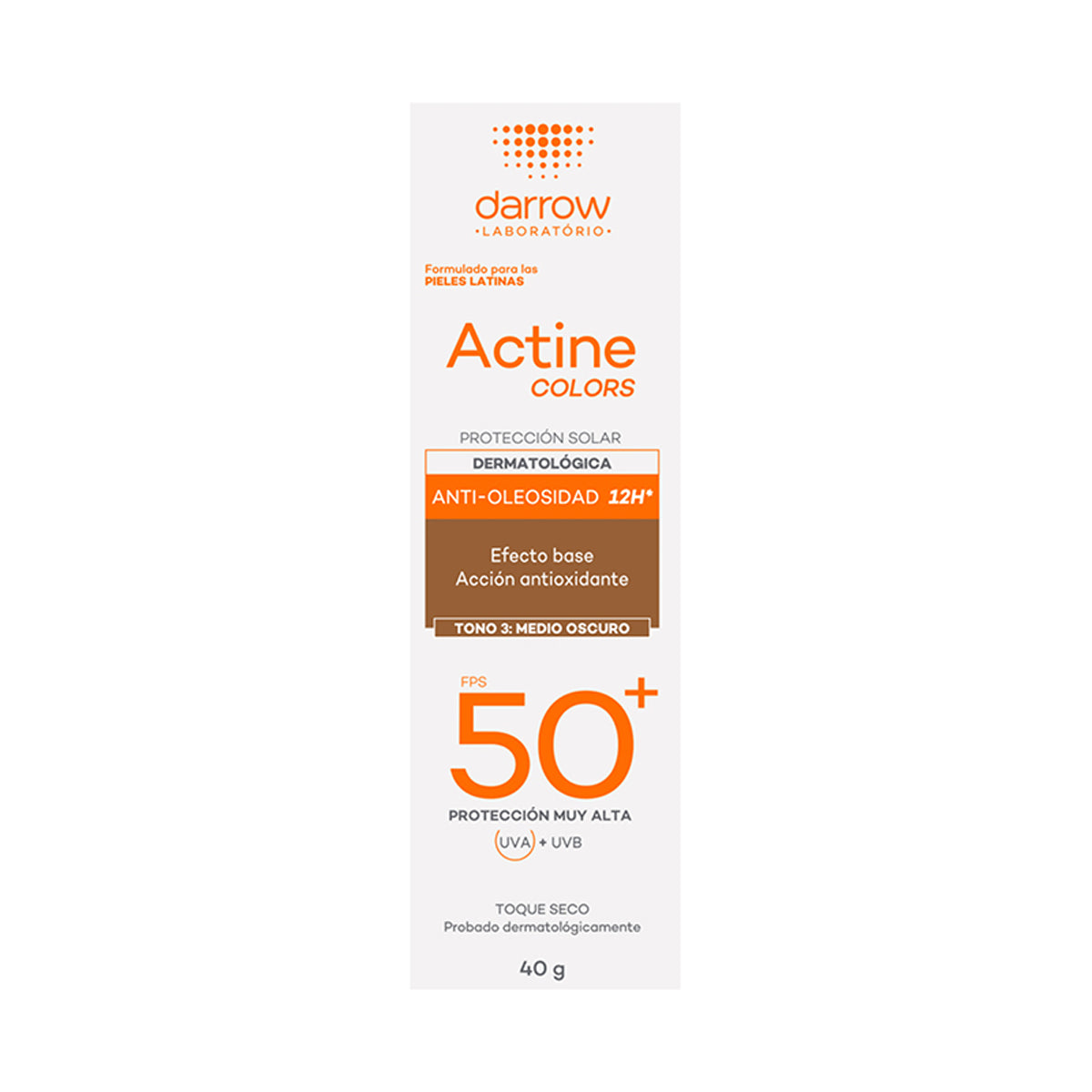 Darrow actine colors protector solar FPS50+ tono 3: oscuro 40g.