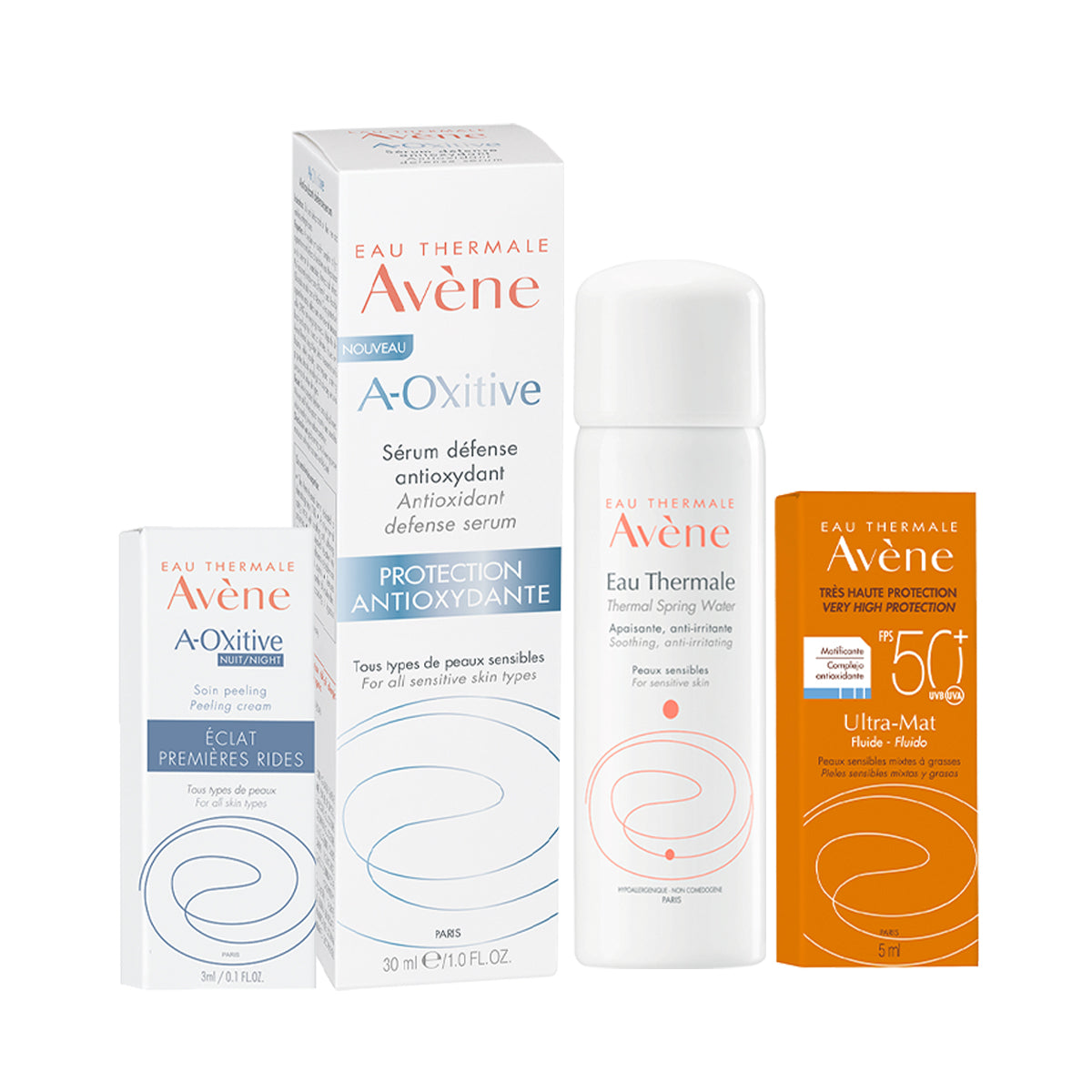 Avene Kit A-Oxitive 30ml + Agua Termal de Avene 50ml  + A-Oxitive Crema Peeling de Noche 3ml  + Ultra Mat Fluido FPS 50+ Sin Color 5ml