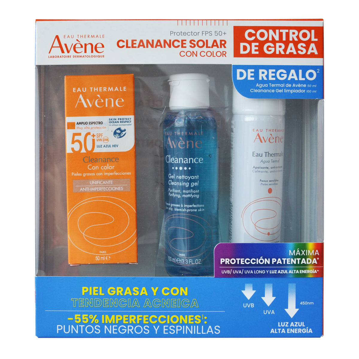 Avene Kit Cleanance Solar Con Color 50ml  + Cleanance Gel Limpiador 100ml + Agua termal de Avene 50ml.