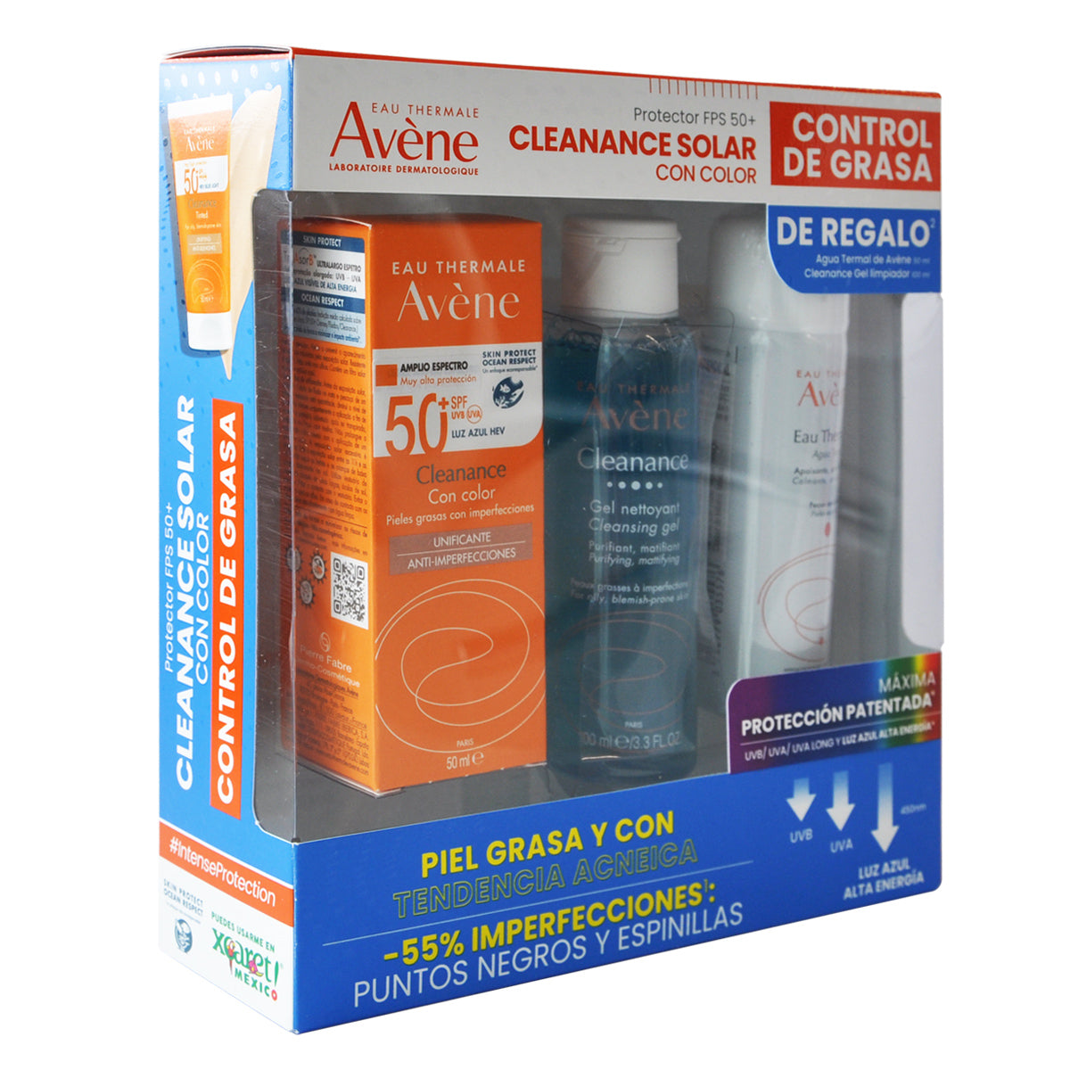 Avene Kit Cleanance Solar Con Color 50ml  + Cleanance Gel Limpiador 100ml + Agua termal de Avene 50ml.