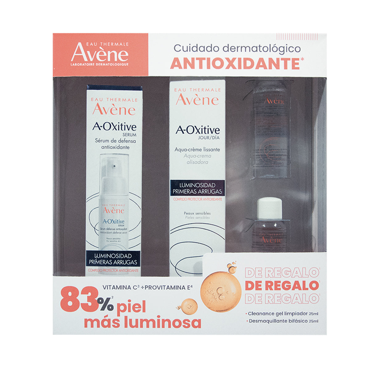 Avene Kit antiedad A-oxitive suero 30ml + A-oxitive crema de día 30ml + Cleanance gel 25ml + Desmaquillante bifásico 25ml.