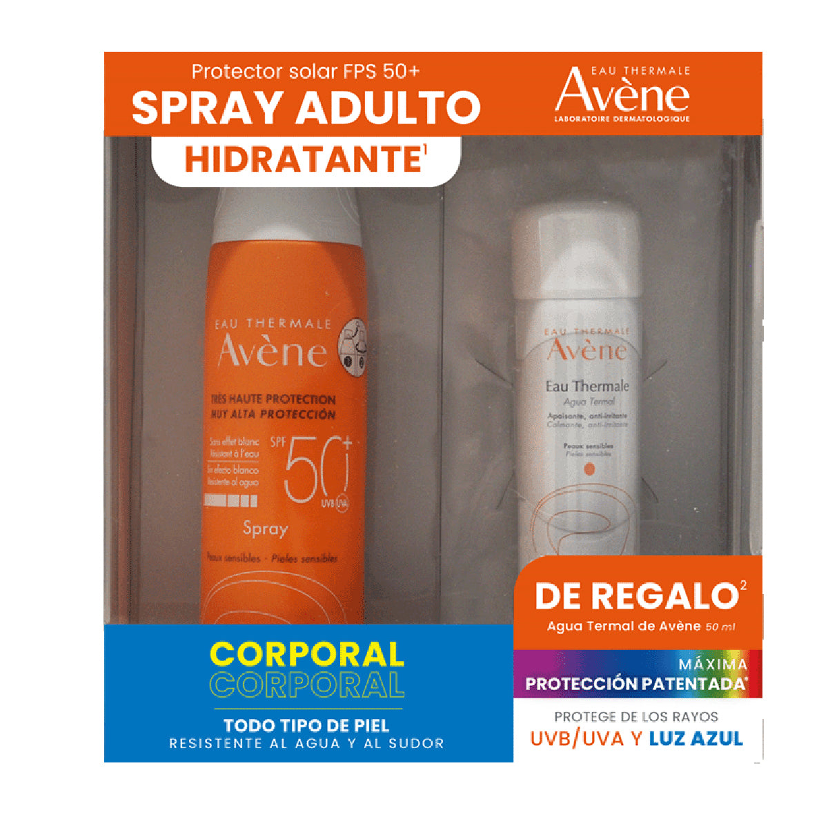 Avene Spray SPF 50+ 200ml + Agua termal spray 50ml.