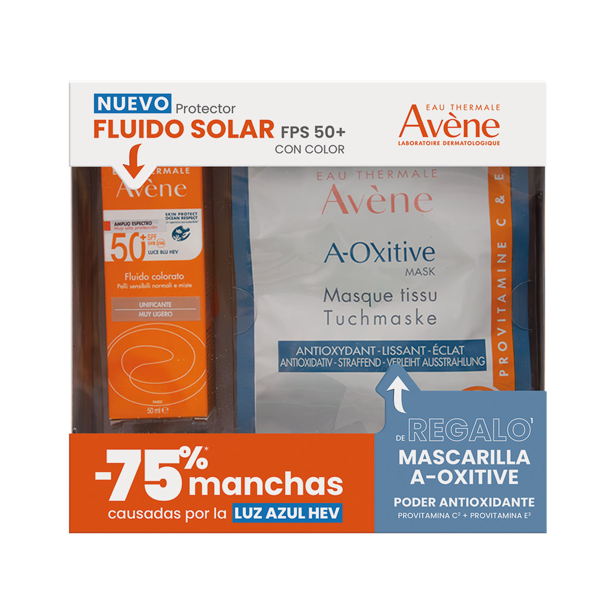 Avene Kit fluido solar FPS 50+ con color 50 ml + Mascarilla a-oxitive 18 ml.