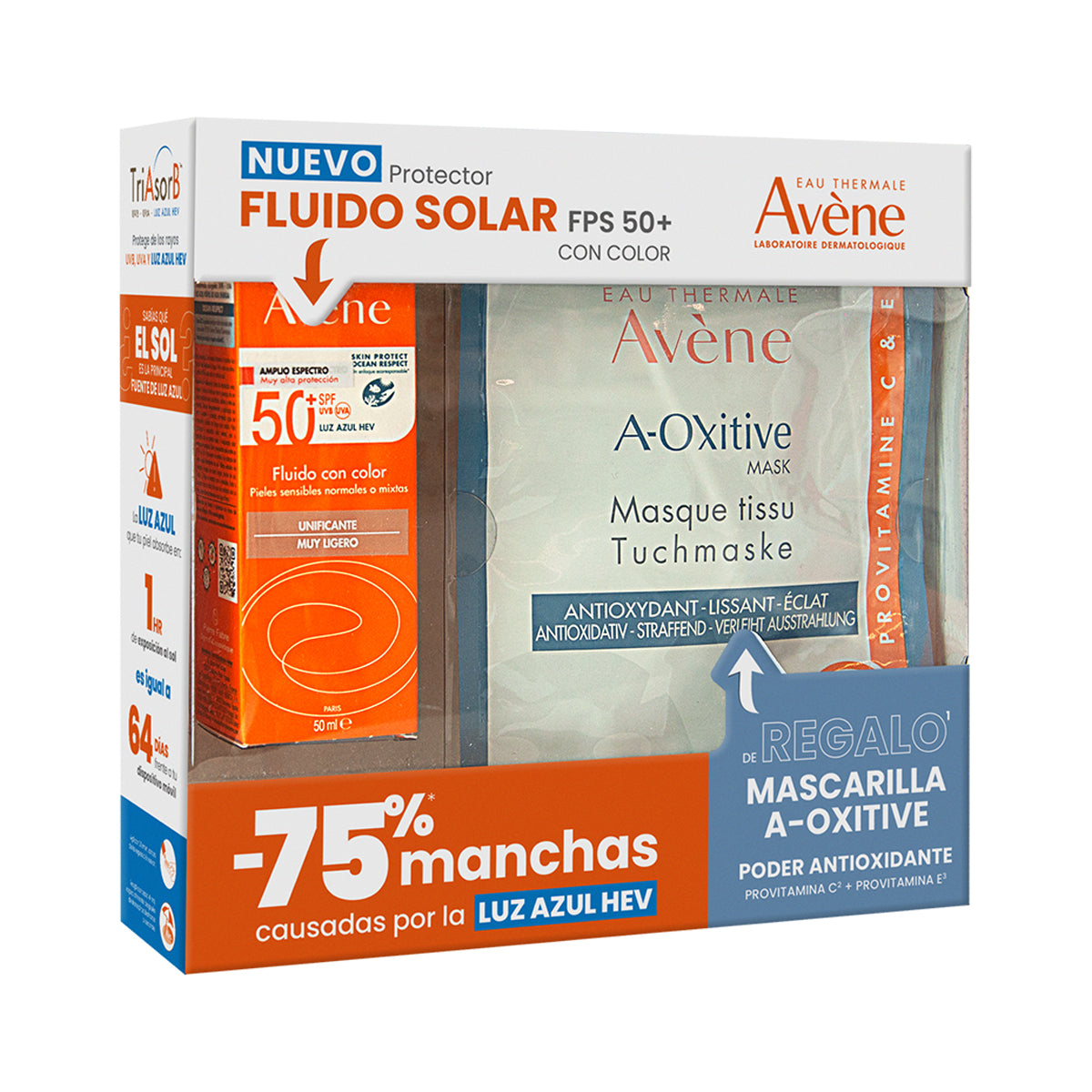 Avene Kit fluido solar FPS 50+ con color 50 ml + Mascarilla a-oxitive 18 ml.