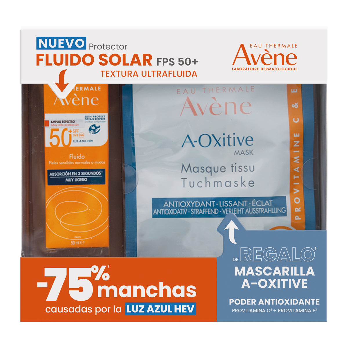 Avene Kit fluido solar FPS 50+ sin color 50 ml + Mascarilla a-oxitive 18 ml.