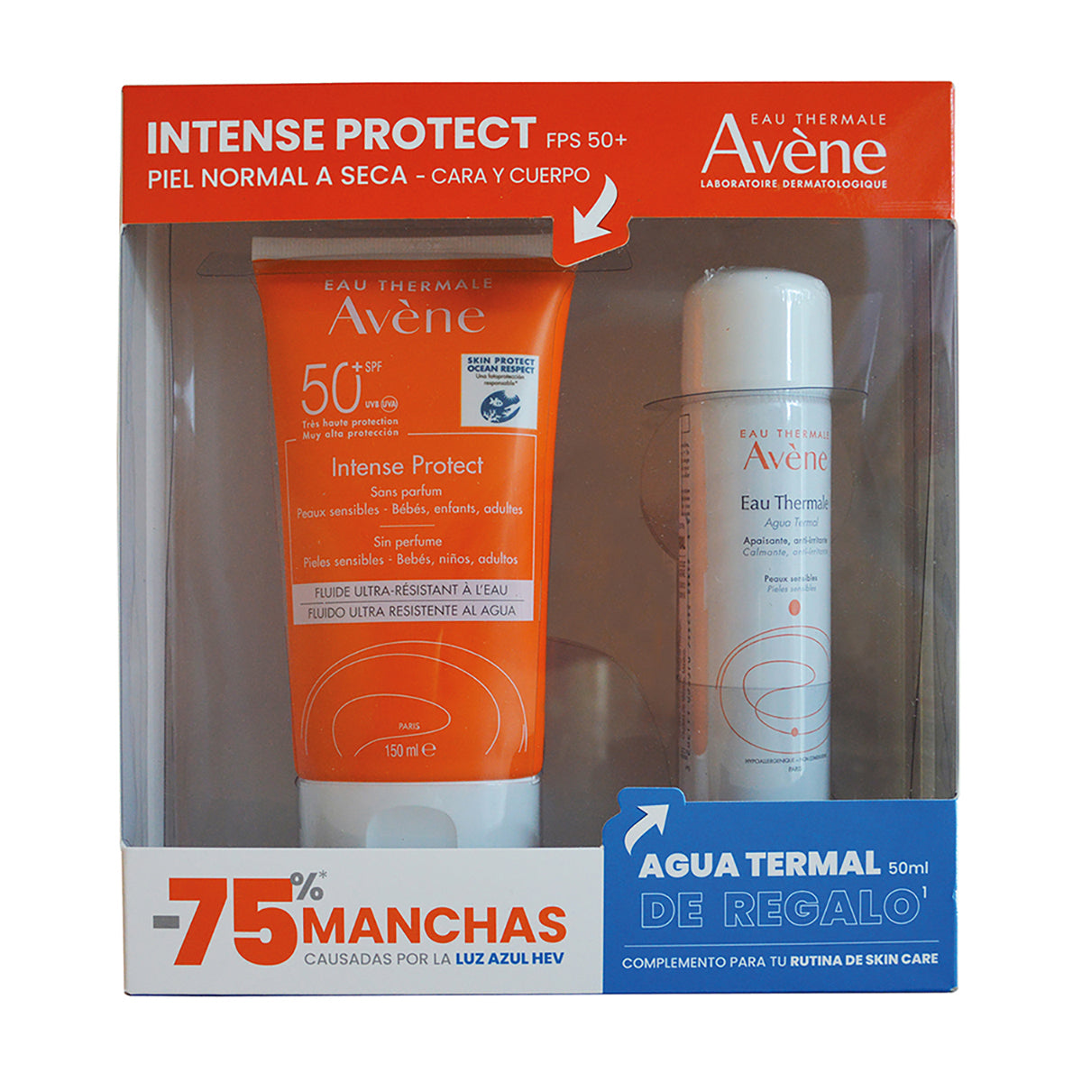 Avene kit protector solar intense protect fps50+ 150ml + Agua termal 50ml.