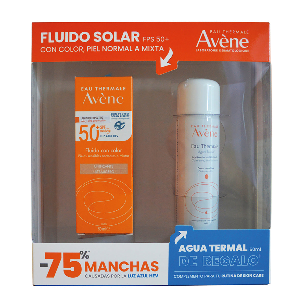 Avene kit protector solar fluido con color fps50+ 50ml + Agua termal 50ml.