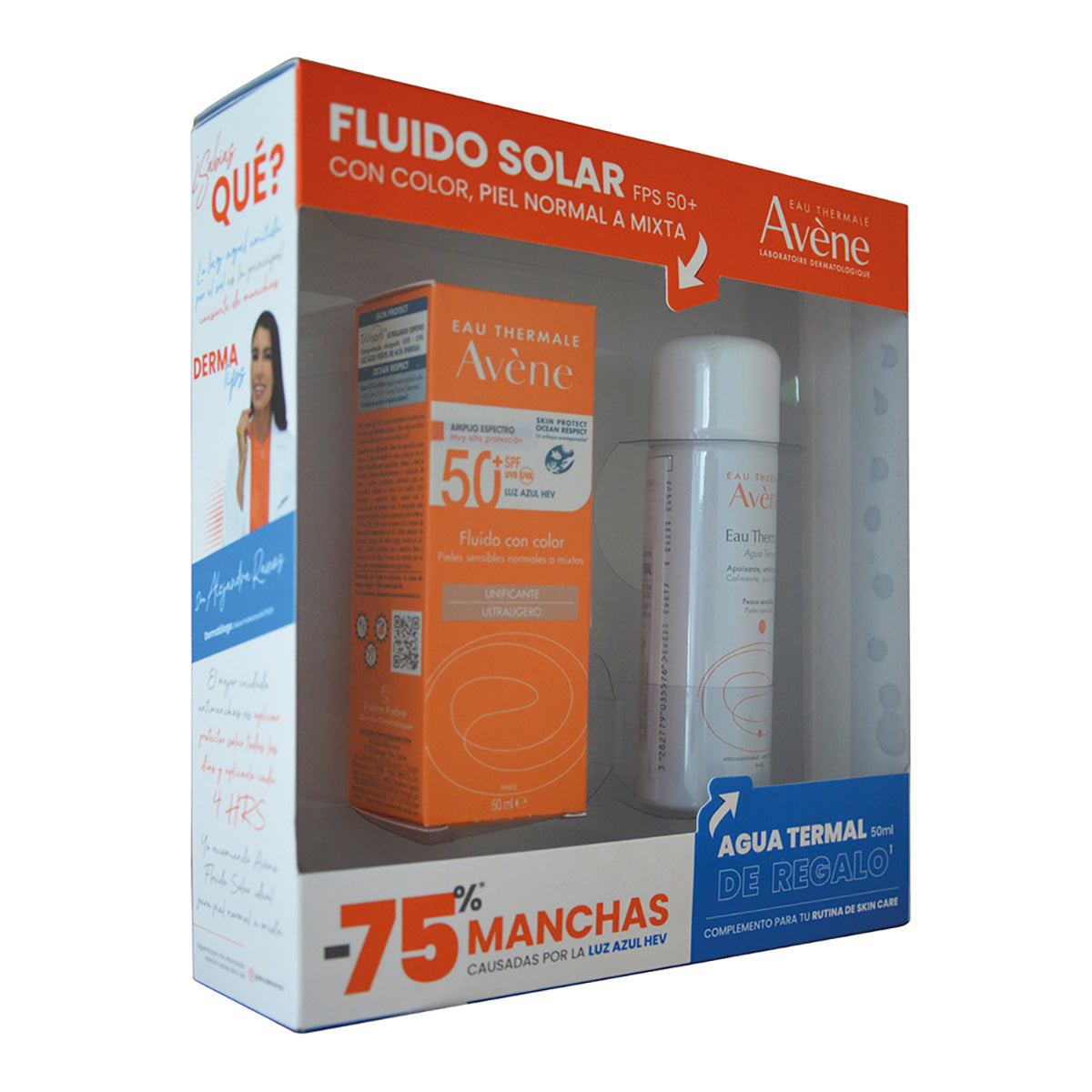 Avene kit protector solar fluido con color fps50+ 50ml + Agua termal 50ml.