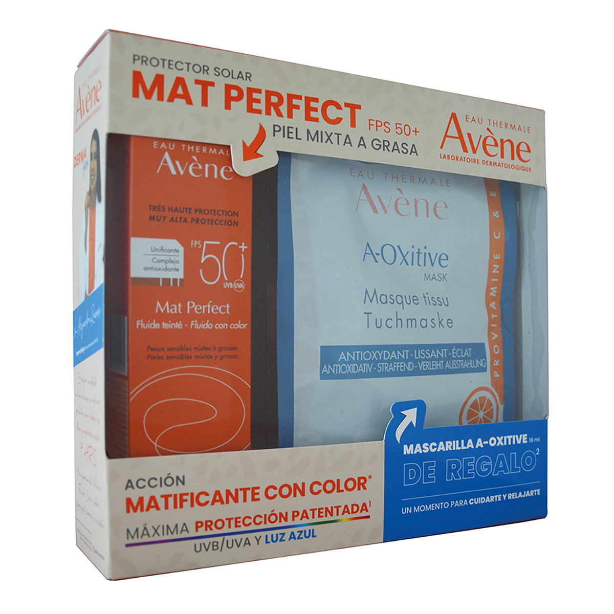 Avene kit protector solar mat perfect fps50+ 50ml + Mascarilla a-oxitive 18ml.