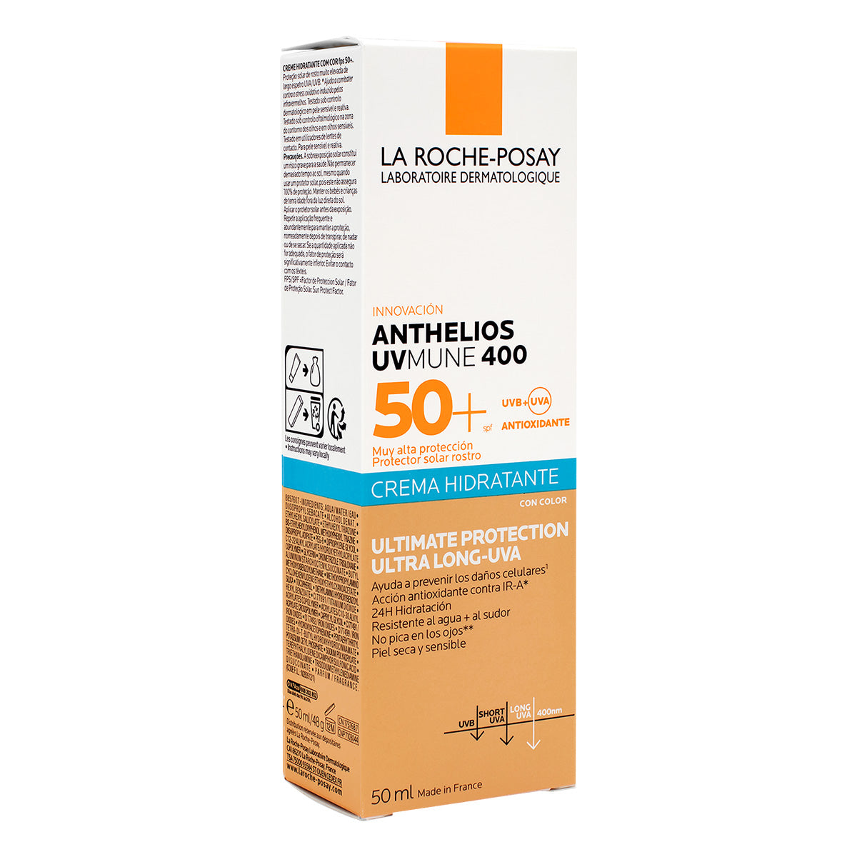 La Roche Posay Anthelios UVMUNE 400 Crema Hidratante con Color FPS50+, Protector solar facial con color, 50ml