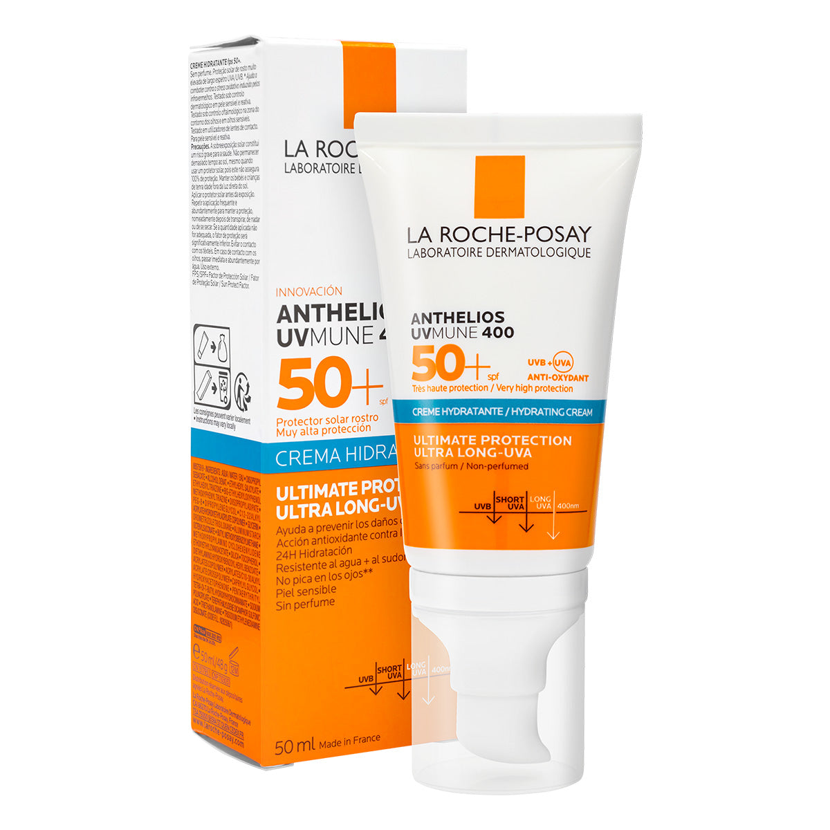 La Roche Posay Anthelios UVMUNE 400 Crema Hidratante FPS50+, Protector solar facial, 50ml