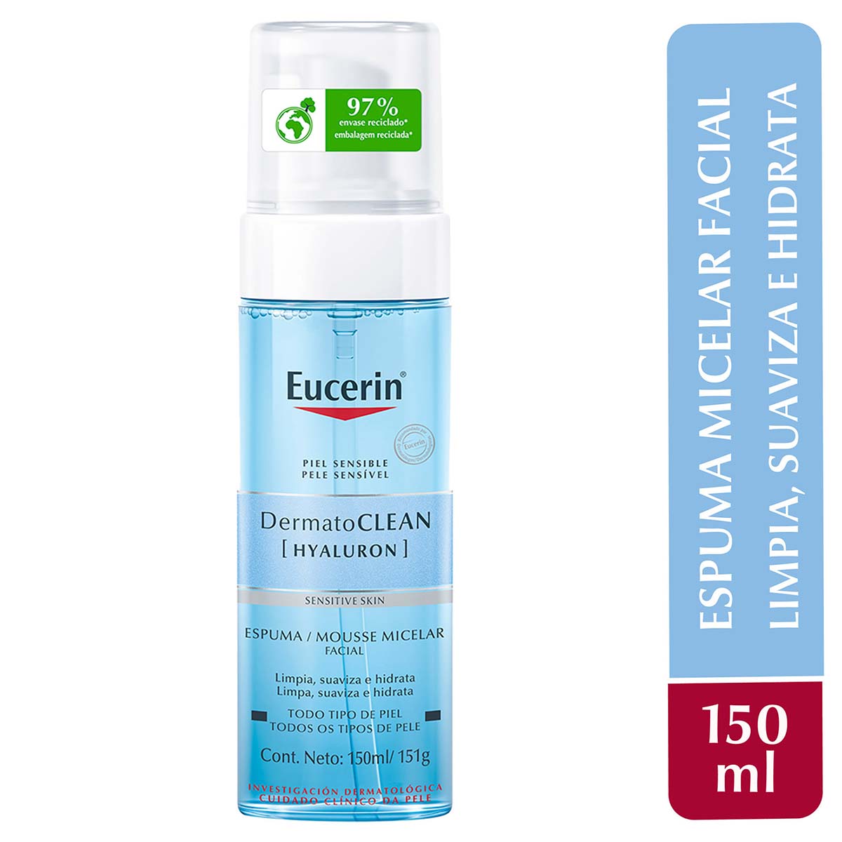 Eucerin dermatoclean espuma micelar facial día y noche 150ml.