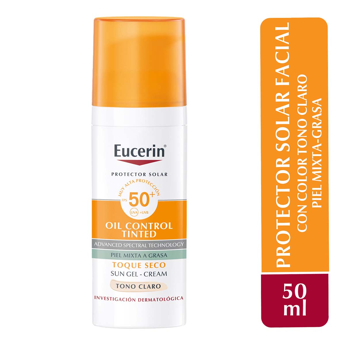 Eucerin sun oil control tinted protector solar facial tono claro FPS50+ 50ml.
