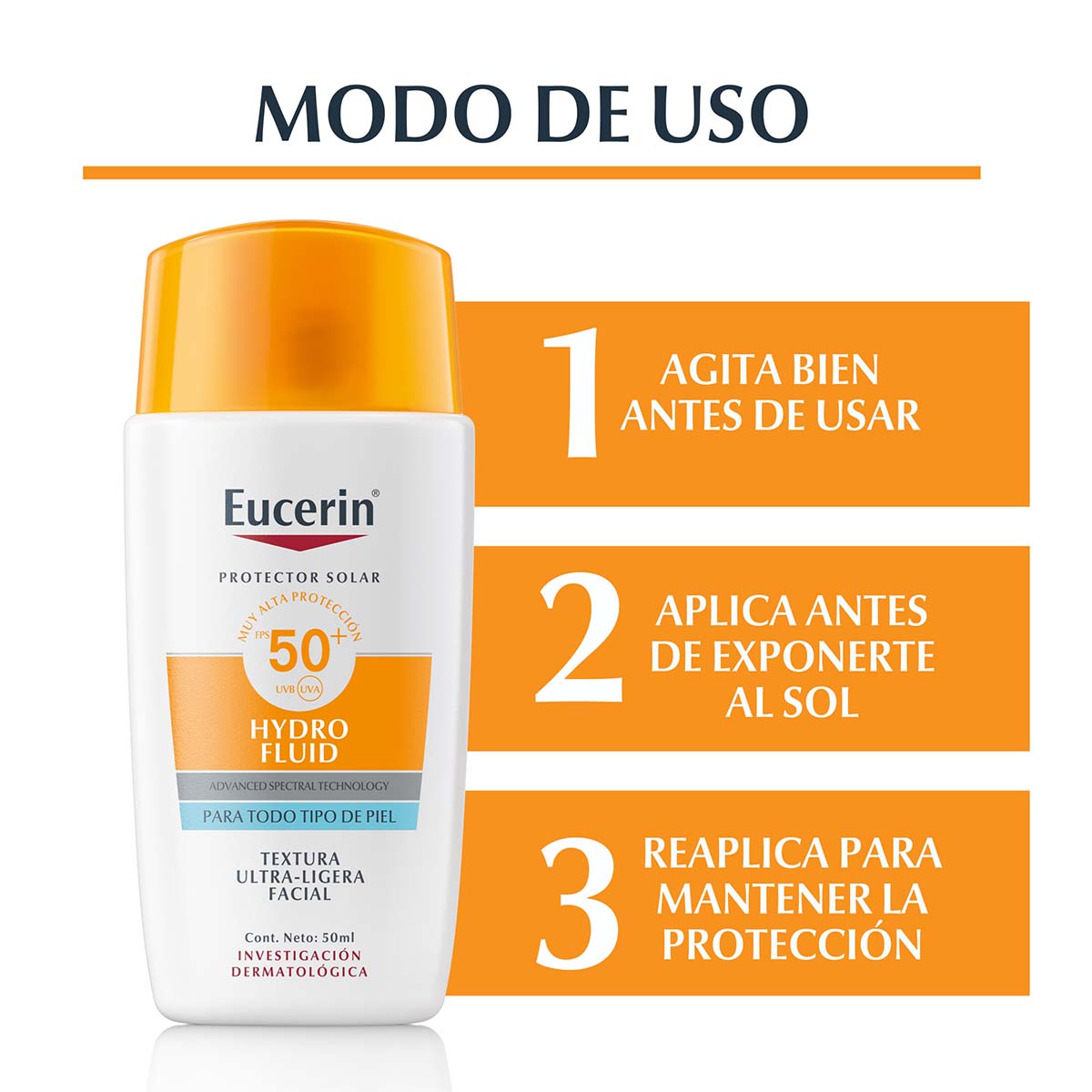 Eucerin sun face hydro-fluid protector solar facial ultra-ligero SPF 50+ 50ml.