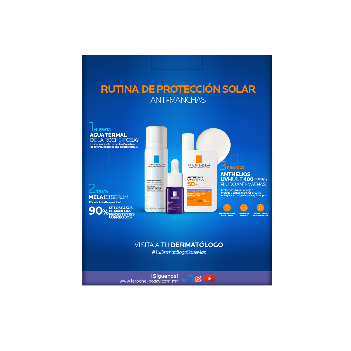 La Roche-Posay Kit Anthelios UVMune 400 Anti-Manchas 50 Ml + Agua Termal 50 Ml + Mela B3 Serum 10 Ml
