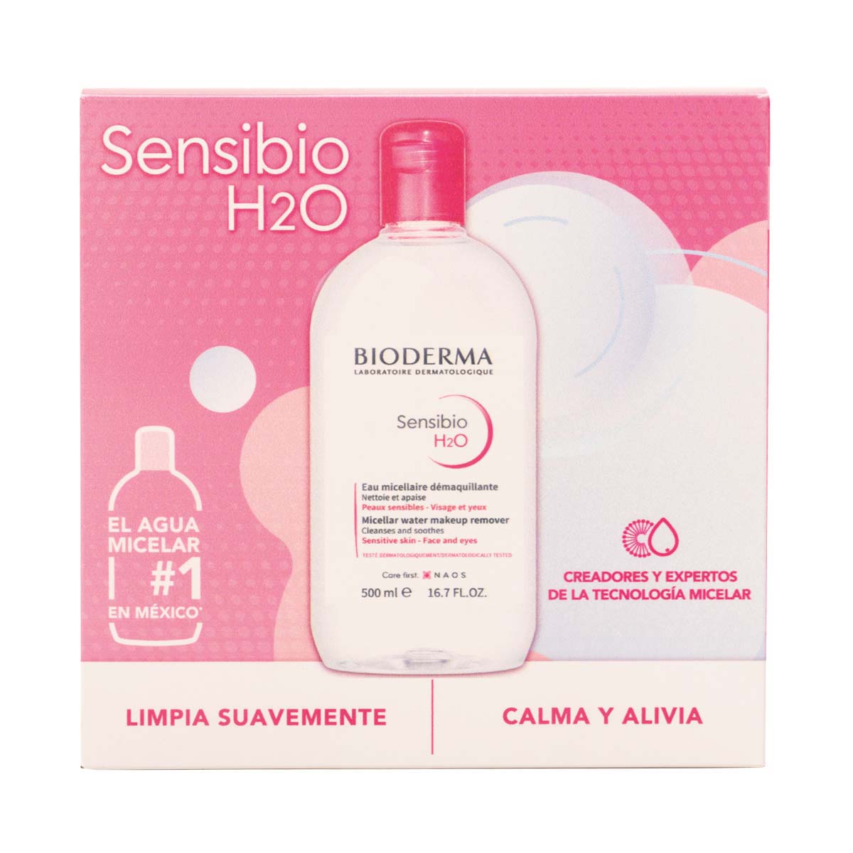 Bioderma Kit Locion micelar desmaquillante para pieles sensibles, Sensibio H2O, 500ml + Sensibio H2O, 250ml