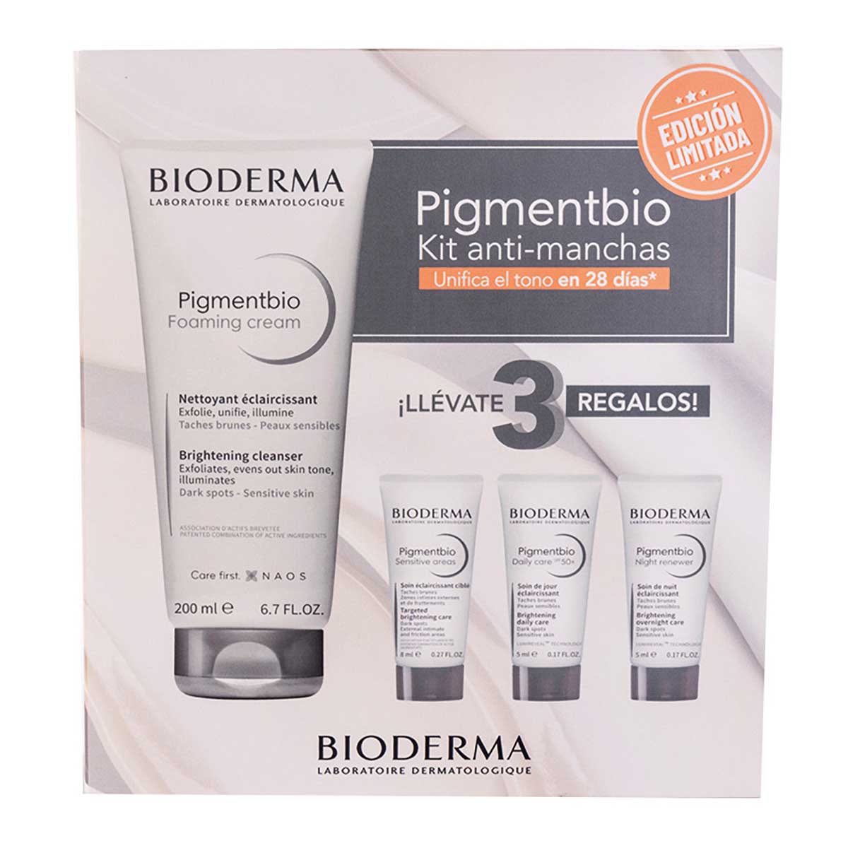 Bioderma Kit-pigmentbio foaming crema 200ml + Pigmentbio sensitive 8ml + Pigmentbio daily care 5ml + Pigmentbio night renewer 5ml.