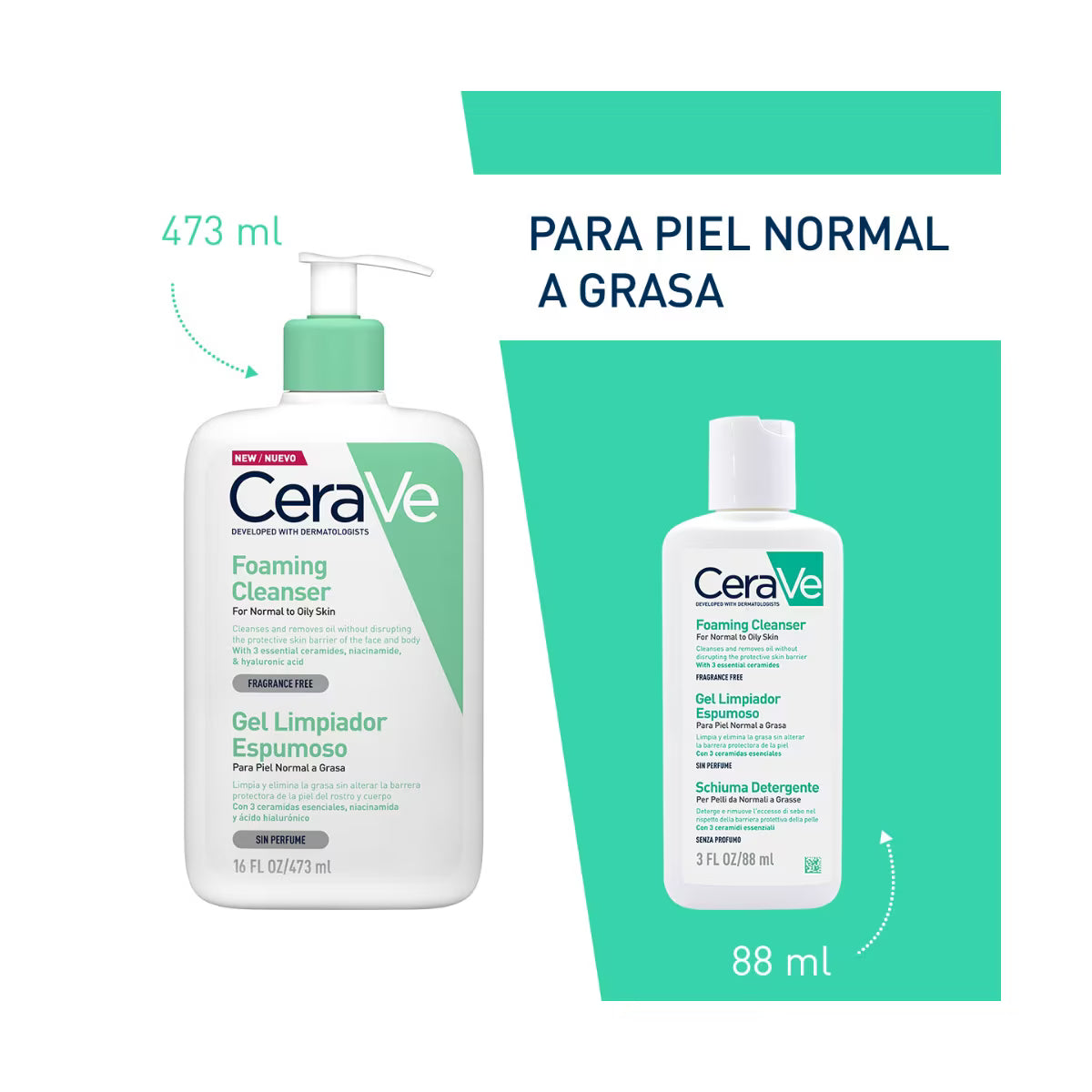 CeraVe Kit Gel Limpiador Espumoso 473 ml + Gel Limpiador Espumoso 88 ml