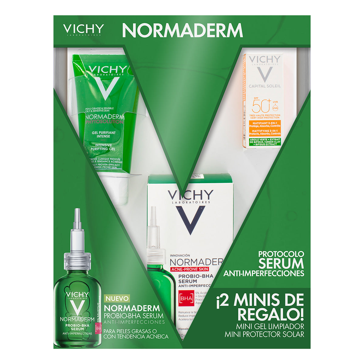 Vichy Normaderm serum probio BHA 30ml + Gel limpiador purificante phytosolutions 50ml+ Capital soleil matificante 3 en 1 3ml.