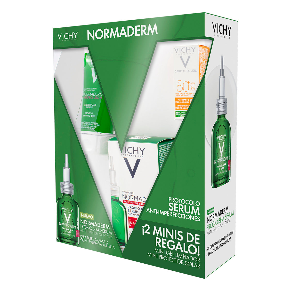 Normaderm serum probio BHA 30ml + Gel limpiador purificante phytosolutions 50ml+ Capital soleil matificante 3 en 1 3ml.