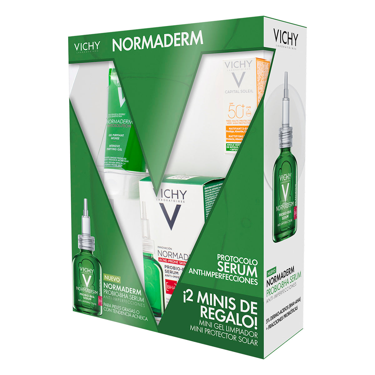 Vichy Normaderm serum probio BHA 30ml + Gel limpiador purificante phytosolutions 50ml+ Capital soleil matificante 3 en 1 3ml.