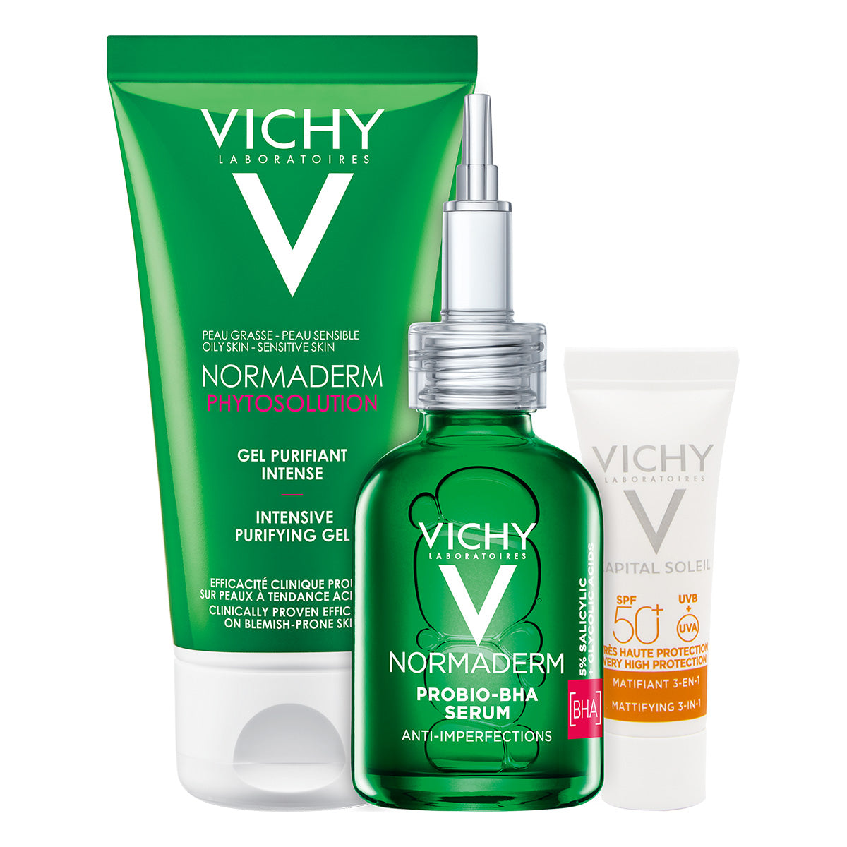 Vichy Normaderm serum probio BHA 30ml + Gel limpiador purificante phytosolutions 50ml+ Capital soleil matificante 3 en 1 3ml.