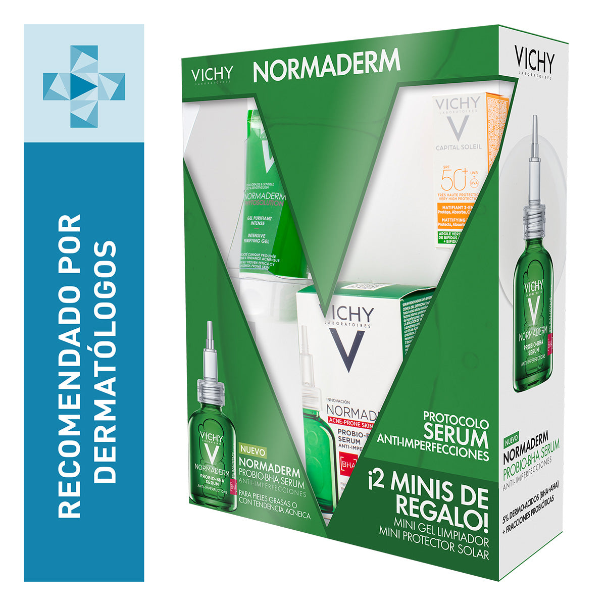 Normaderm serum probio BHA 30ml + Gel limpiador purificante phytosolutions 50ml+ Capital soleil matificante 3 en 1 3ml.