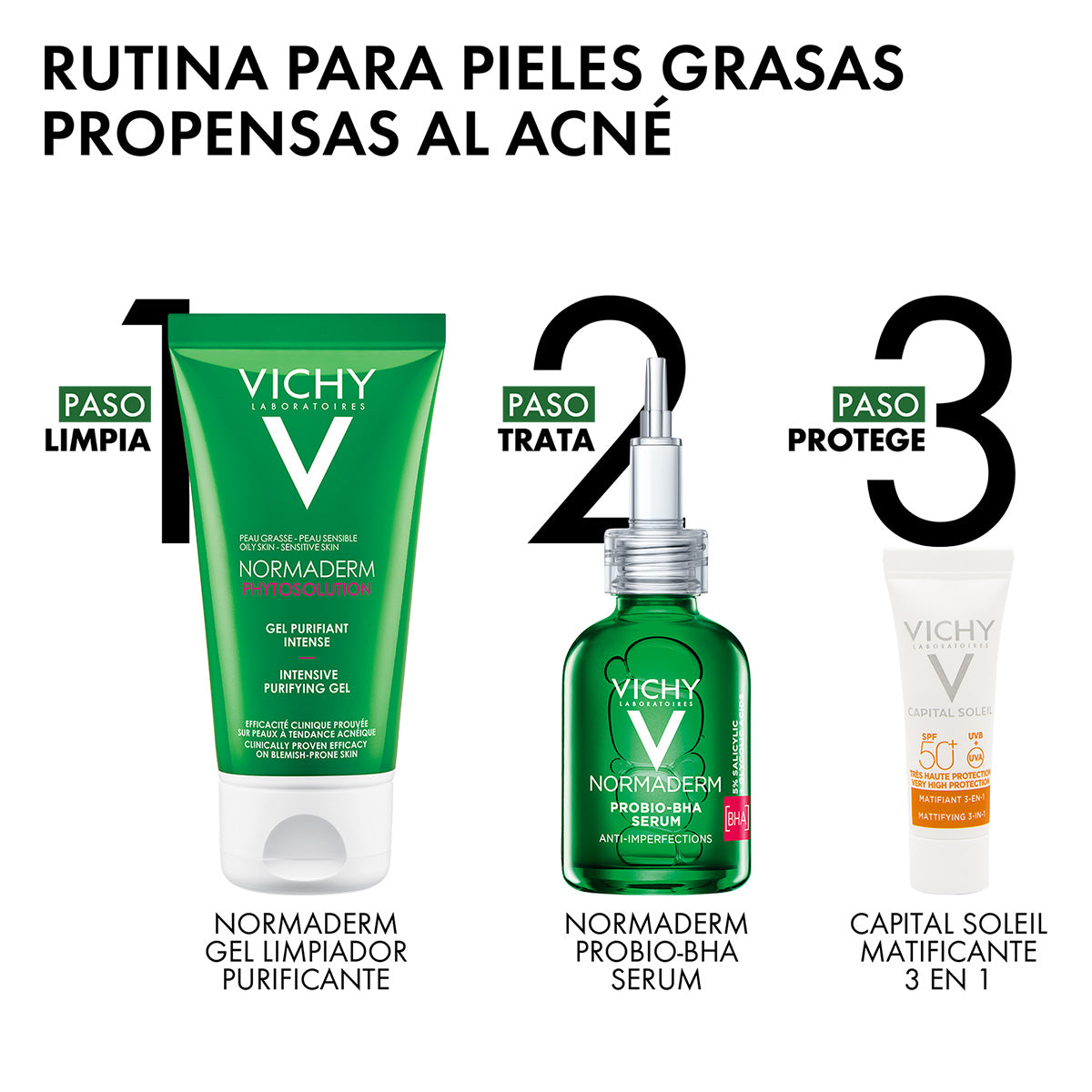 Vichy Normaderm serum probio BHA 30ml + Gel limpiador purificante phytosolutions 50ml+ Capital soleil matificante 3 en 1 3ml.