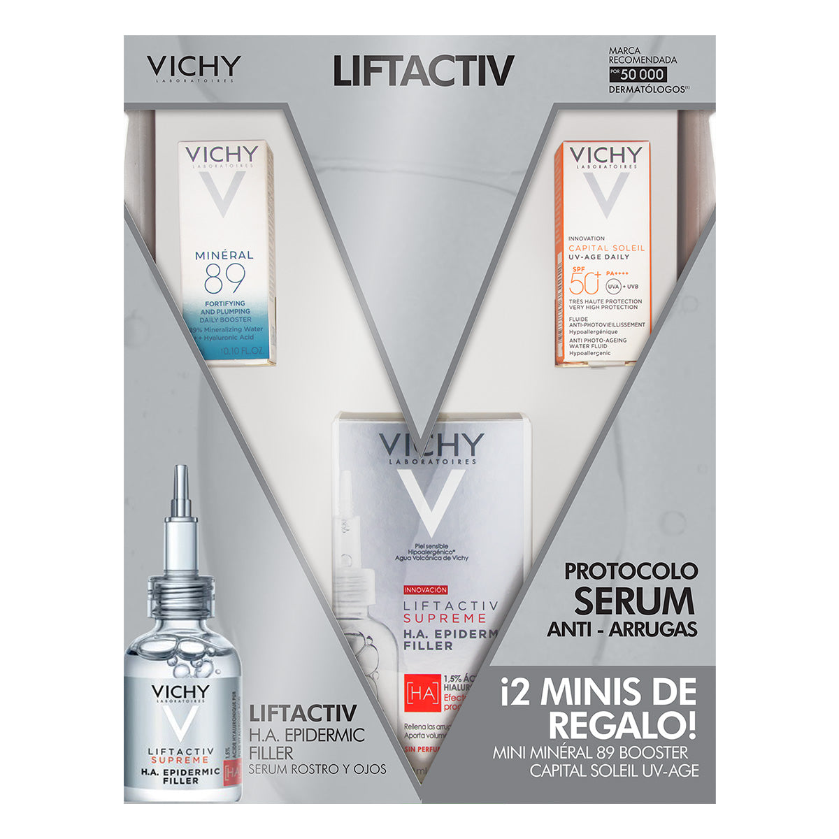 Vichy liftactiv ha epidermic filler 30ml + mineral 89 3ml + cs face uv age block spf50 3ml.