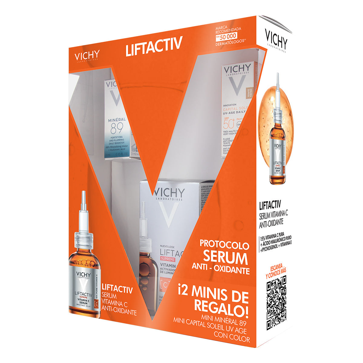 Vichy liftactiv serum vitamina c 20ml + mineral 89 3ml + ech uv age tint light ip50+ 3ml.