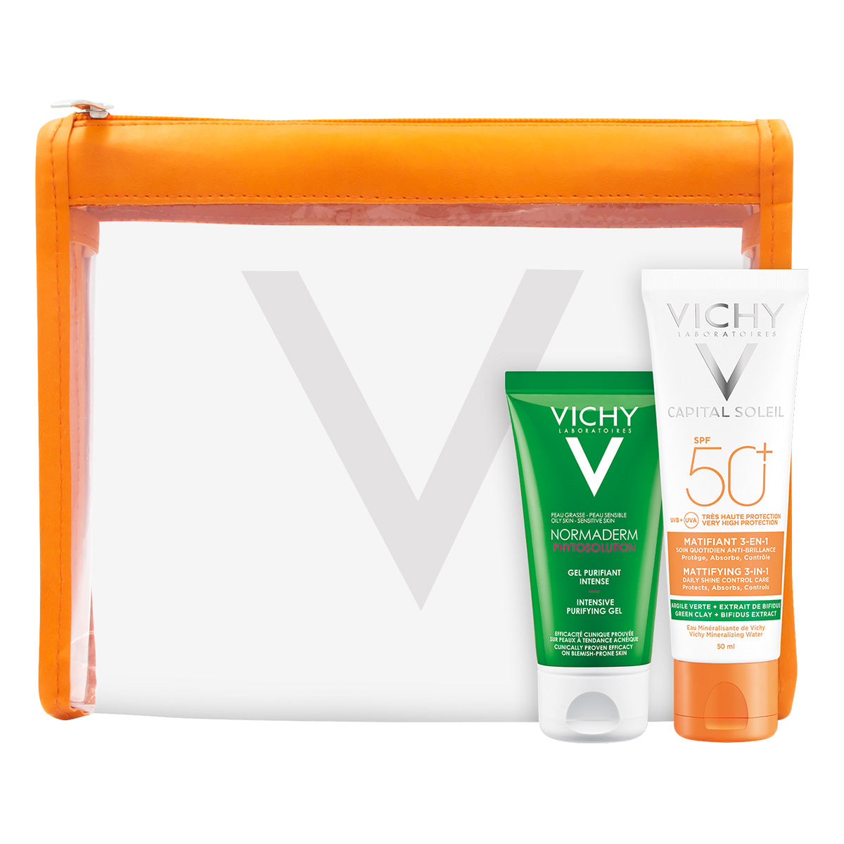 Vichy protector solar matificante 50ml + gel limpiador 50ml + cosmetiquera.