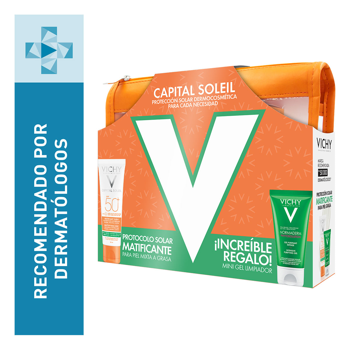 Vichy protector solar matificante 50ml + gel limpiador 50ml + cosmetiquera.