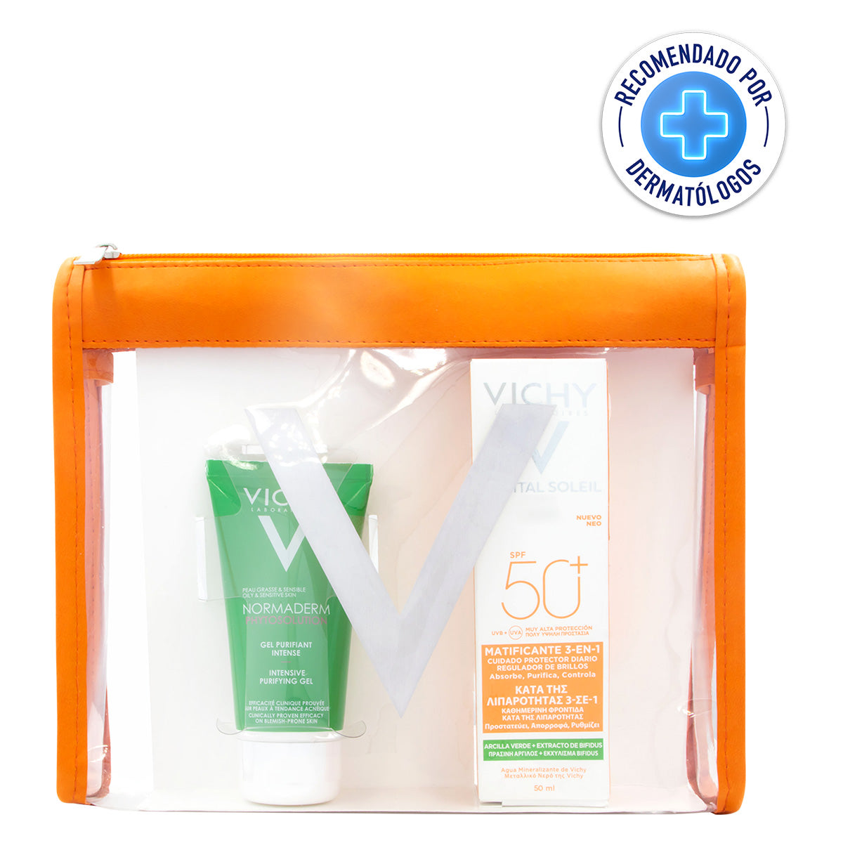 Vichy protector solar matificante 50ml + gel limpiador 50ml + cosmetiquera.