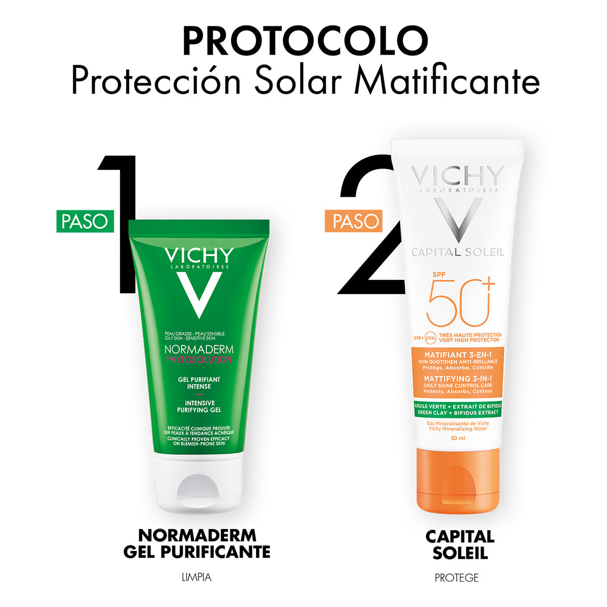 Vichy protector solar matificante 50ml + gel limpiador 50ml + cosmetiquera.